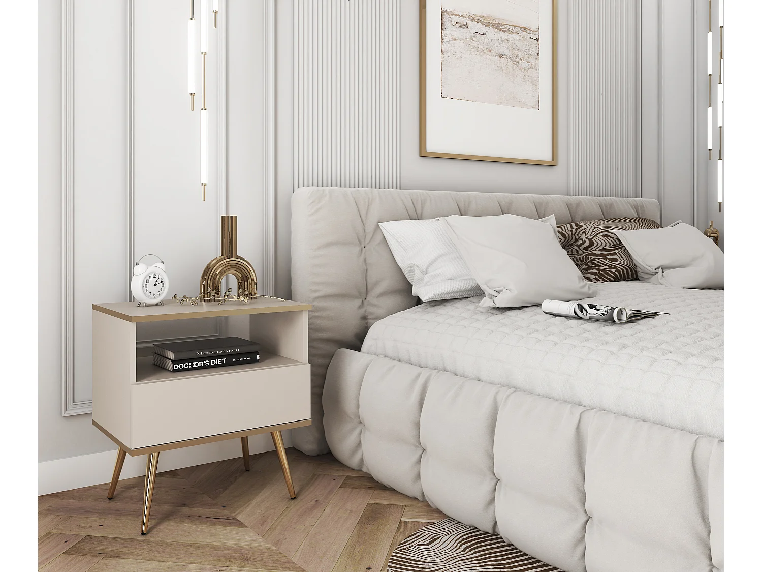 Nachttisch Farbe: Beige Mit Schublade Und Offenem Fach 59x54x39 cm Laminierte, Kratzfeste Platte Metallbeine in Farbe: Gold, Push-to-Open-System