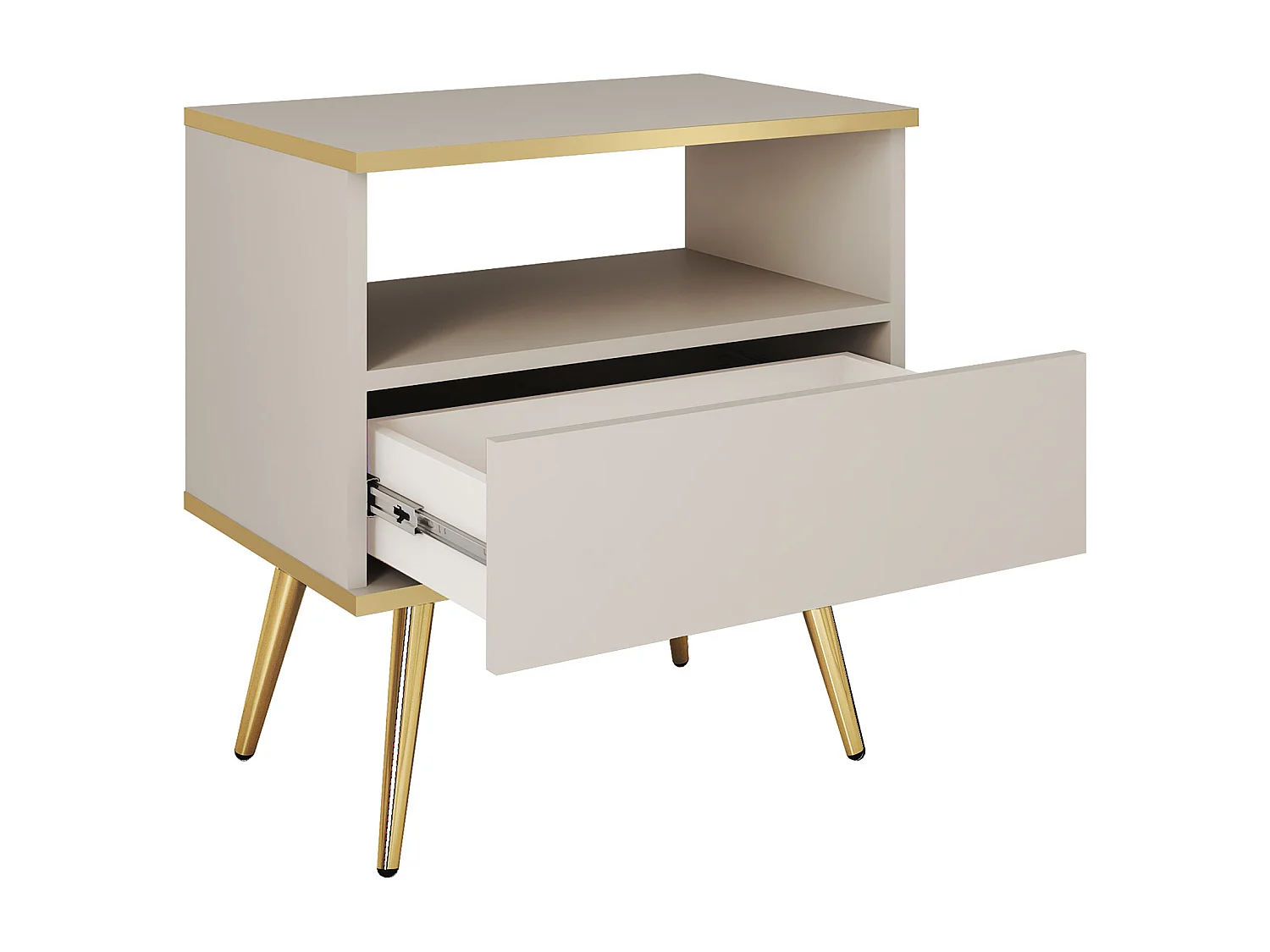 Nachttisch Farbe: Beige Mit Schublade Und Offenem Fach 59x54x39 cm Laminierte, Kratzfeste Platte Metallbeine in Farbe: Gold, Push-to-Open-System