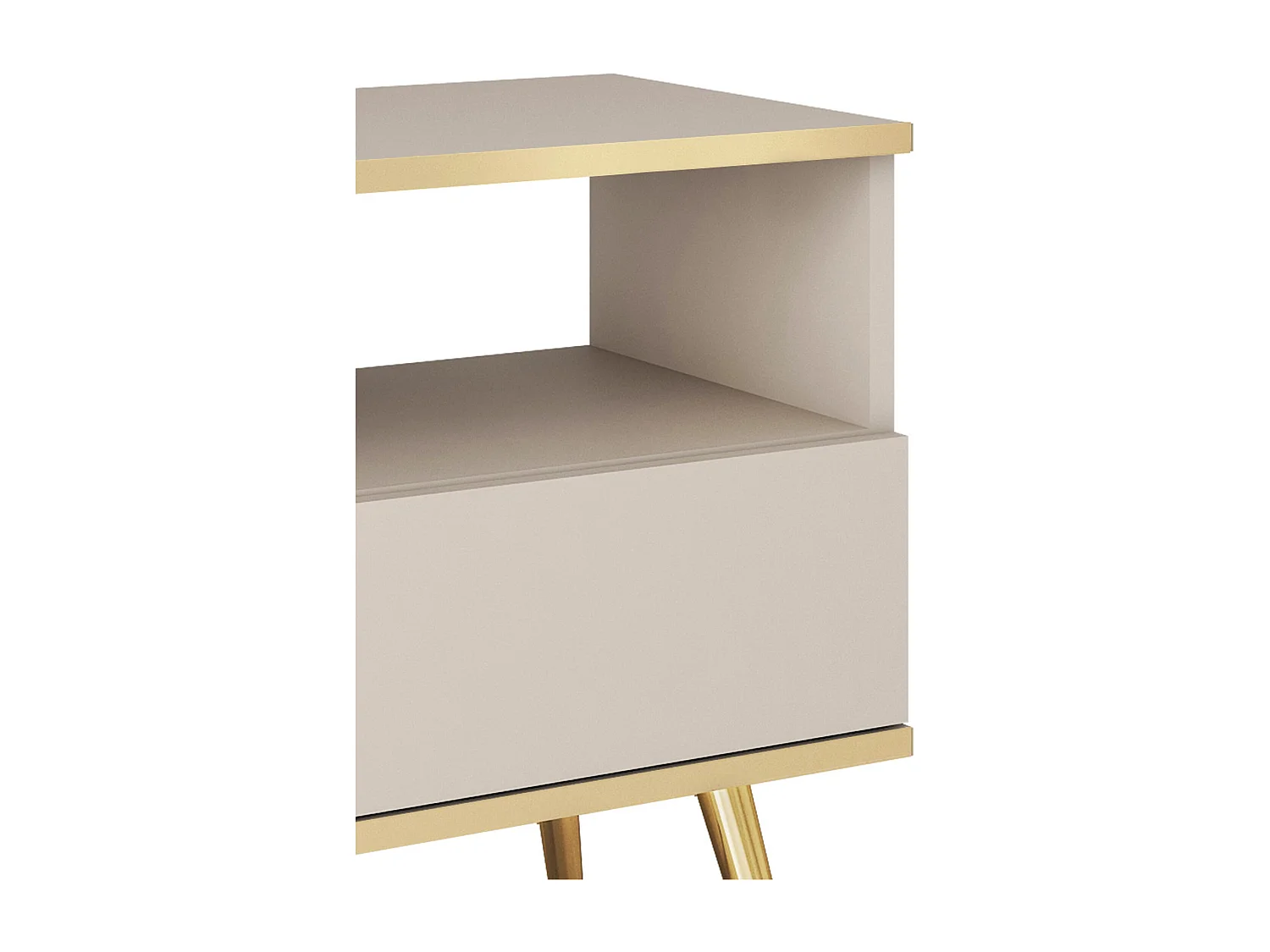 Nachtkastje Beige met Lade en Open Vlak 59x54x39 cm, Gelamineerd Krasbestendig Paneel, Metalen Poten Goud, Push-to-Open Systeem
