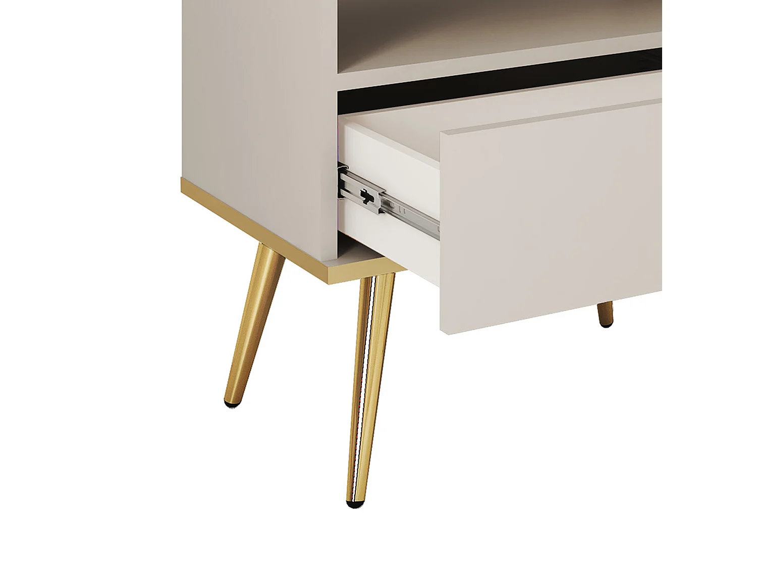 Nachtkastje Beige met Lade en Open Vlak 59x54x39 cm, Gelamineerd Krasbestendig Paneel, Metalen Poten Goud, Push-to-Open Systeem