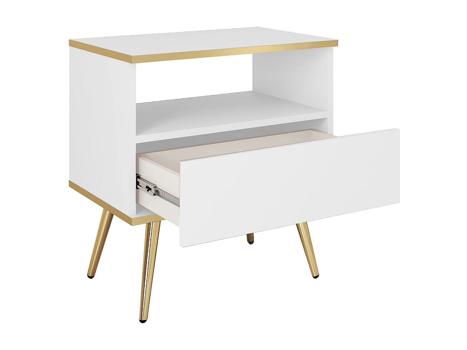 Nachtkastje Wit met Lade en Open Vlak 59x54x39 cm, Gelamineerd Krasbestendig Paneel, Metalen Poten Goud, Push-to-Open Systeem