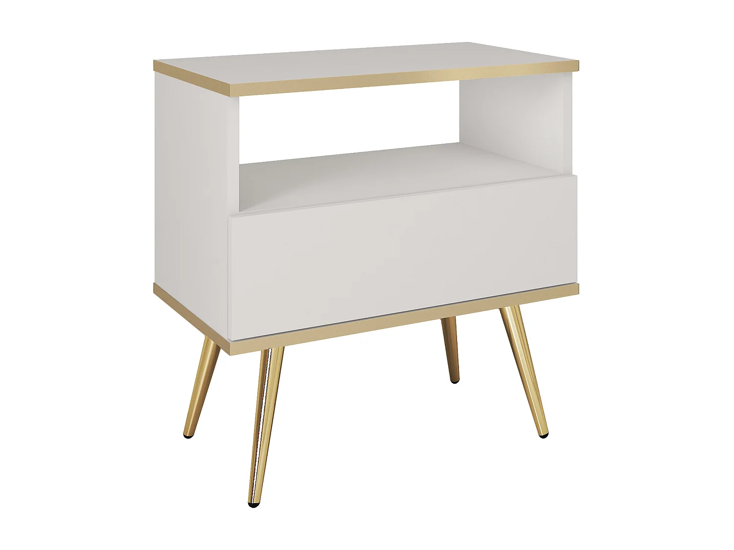 Nachtkastje Wit met Lade en Open Vlak 59x54x39 cm, Gelamineerd Krasbestendig Paneel, Metalen Poten Goud, Push-to-Open Systeem