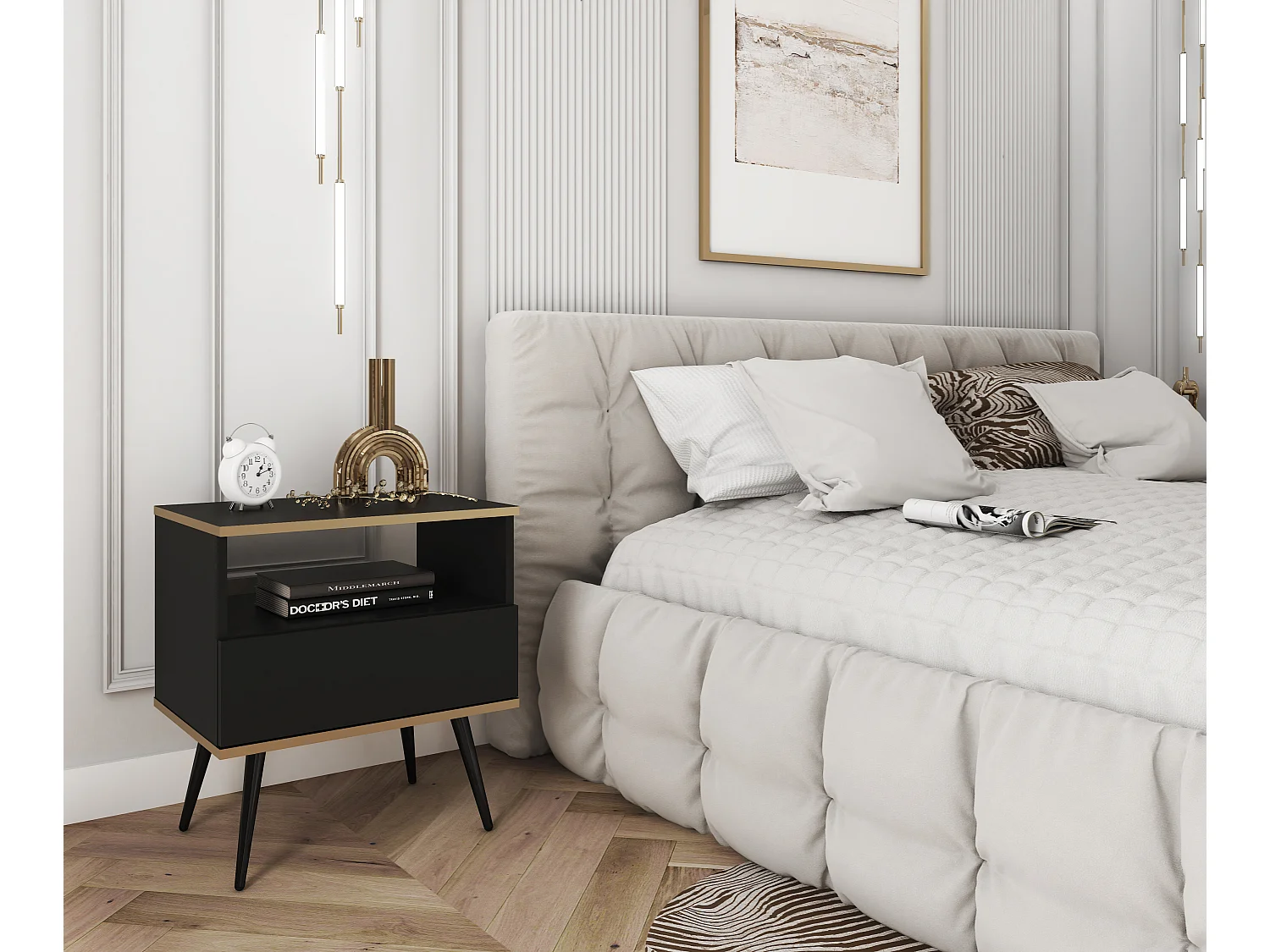 Nachttisch Farbe: Schwarz Mit Schublade Und Offenem Fach 59x54x39 cm Laminierte, Kratzfeste Platte Metallbeine in Farbe: Schwarz, Push-to-Open-System