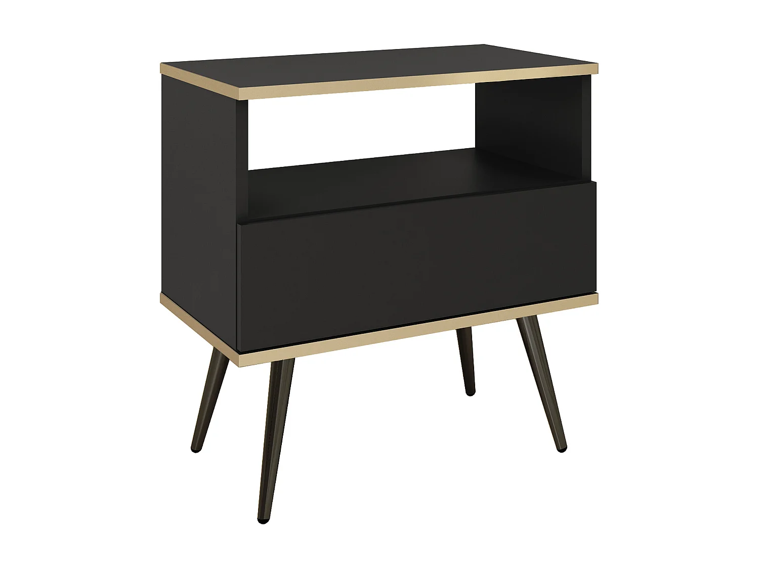 Nachttisch Farbe: Schwarz Mit Schublade Und Offenem Fach 59x54x39 cm Laminierte, Kratzfeste Platte Metallbeine in Farbe: Schwarz, Push-to-Open-System