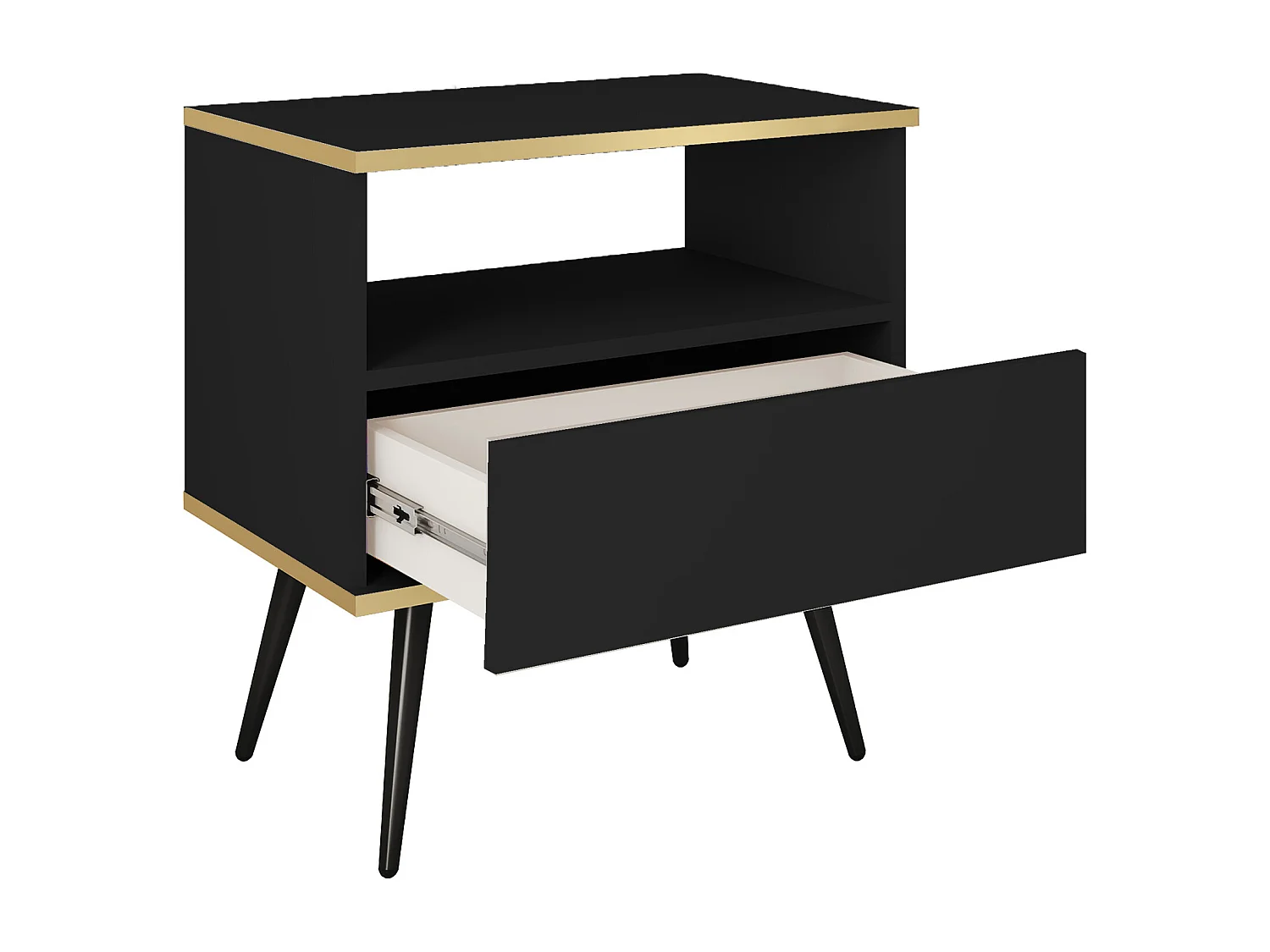 Nachttisch Farbe: Schwarz Mit Schublade Und Offenem Fach 59x54x39 cm Laminierte, Kratzfeste Platte Metallbeine in Farbe: Schwarz, Push-to-Open-System