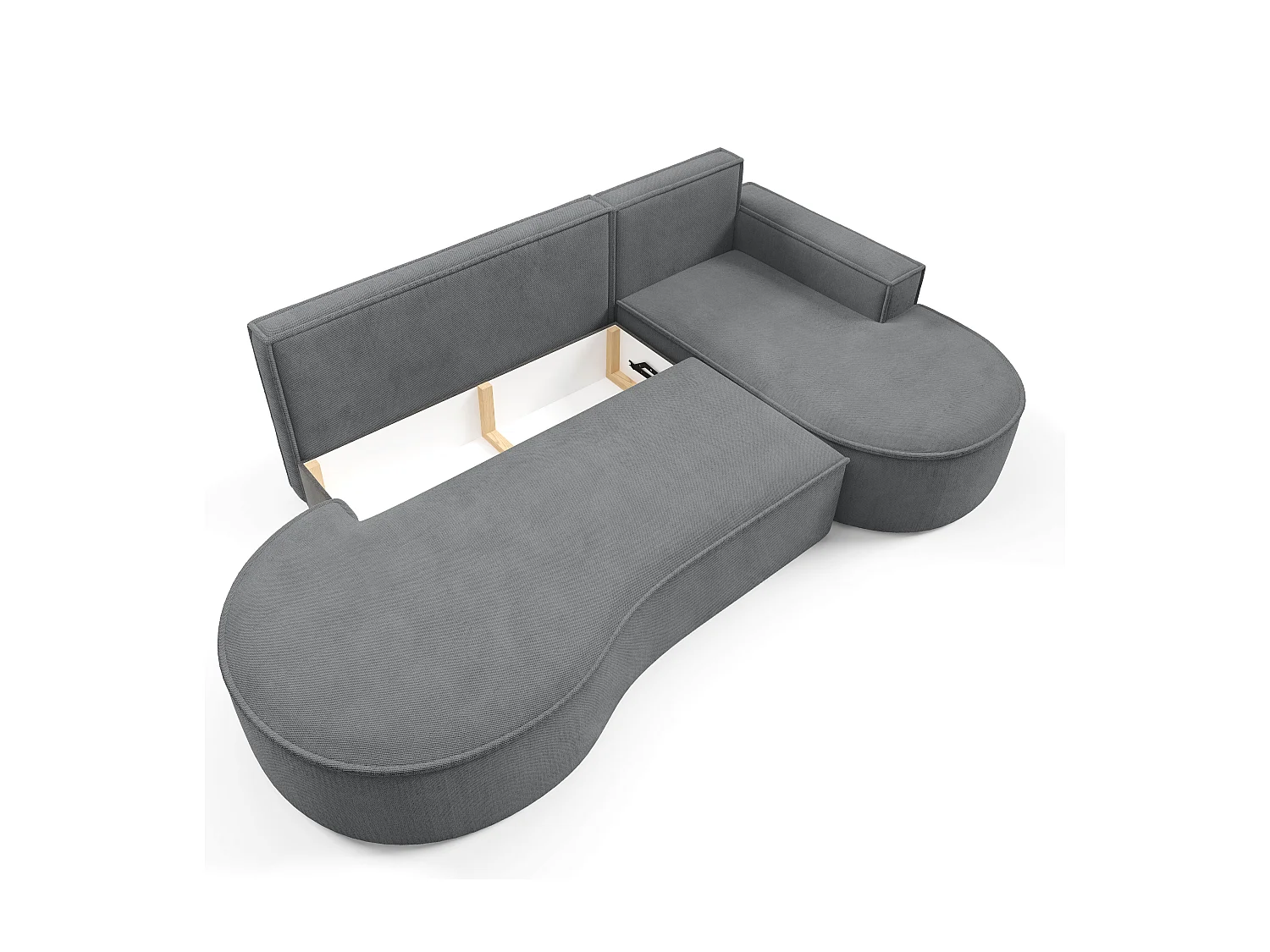 Hoekbank MOLLY met Slaapfunctie – Halfrond, Vrijstaand, Slaapoppervlak 140x207cm, 3 Grote Kussens, Curio Stof, 277x157x88cm, Rechts Grijs