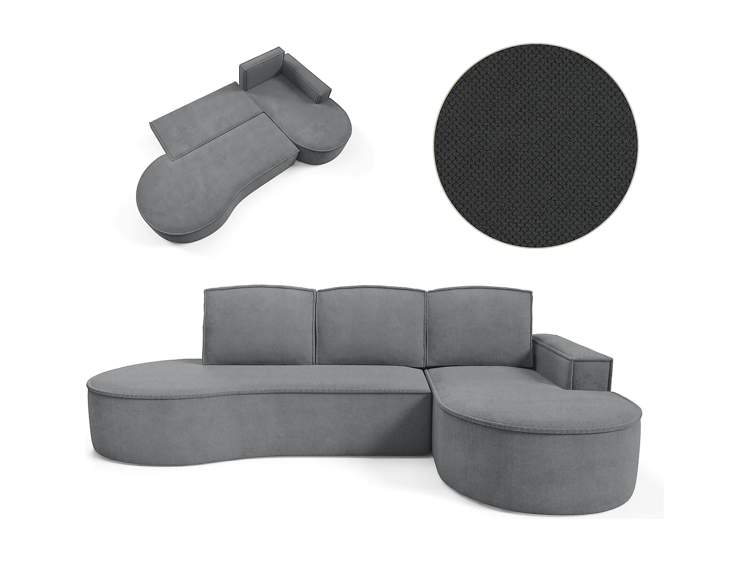 Canapé d'angle MOLLY avec couchage - Design arrondi, autoportant, 140x207 cm, 3 coussins, tissu Curio, 277x157x88 cm, côté droit gris