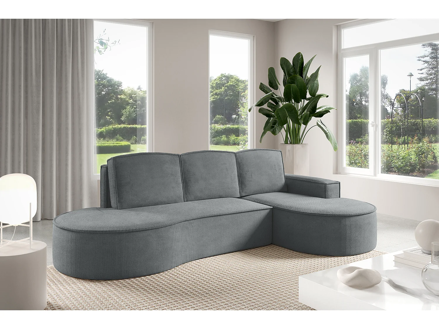 Hoekbank MOLLY met Slaapfunctie – Halfrond, Vrijstaand, Slaapoppervlak 140x207cm, 3 Grote Kussens, Curio Stof, 277x157x88cm, Rechts Grijs