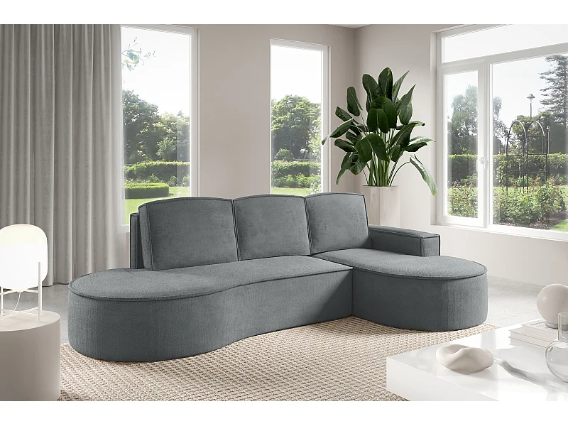 Hoekbank MOLLY met Slaapfunctie – Halfrond, Vrijstaand, Slaapoppervlak 140x207cm, 3 Grote Kussens, Curio Stof, 277x157x88cm, Rechts Grijs