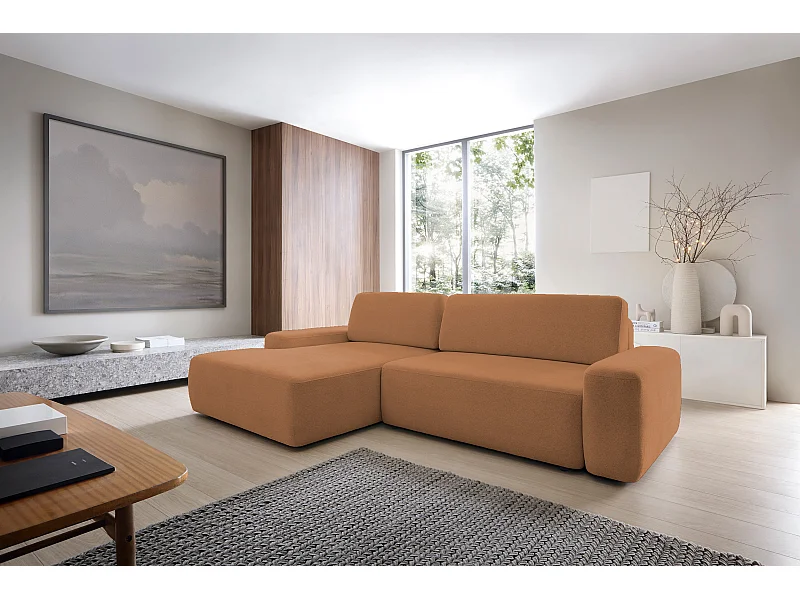 Canapé d’angle BOULI 4 places Raven, couchage 130x210cm, coffre, 264x162x82cm, gauche orange