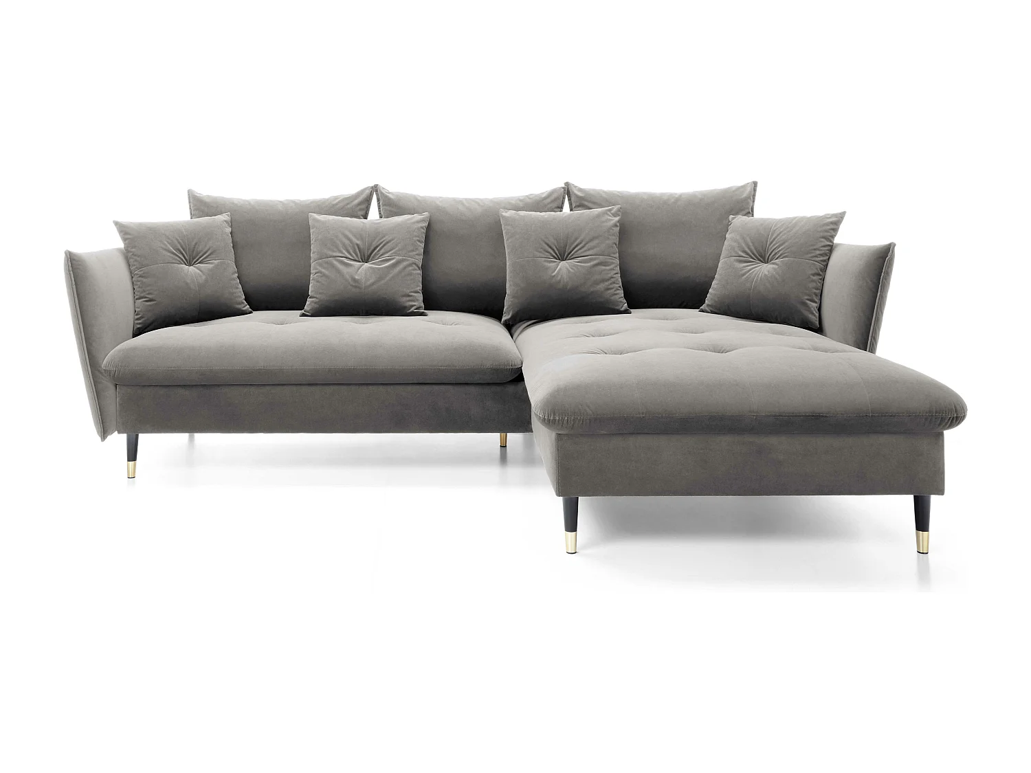 Hoekbank GLAM met slaapfunctie, ottomane & gouden poten – fluwelen bank in glamstijl met sierkussens, 258x167x91cm, Rechterkant GRIJS