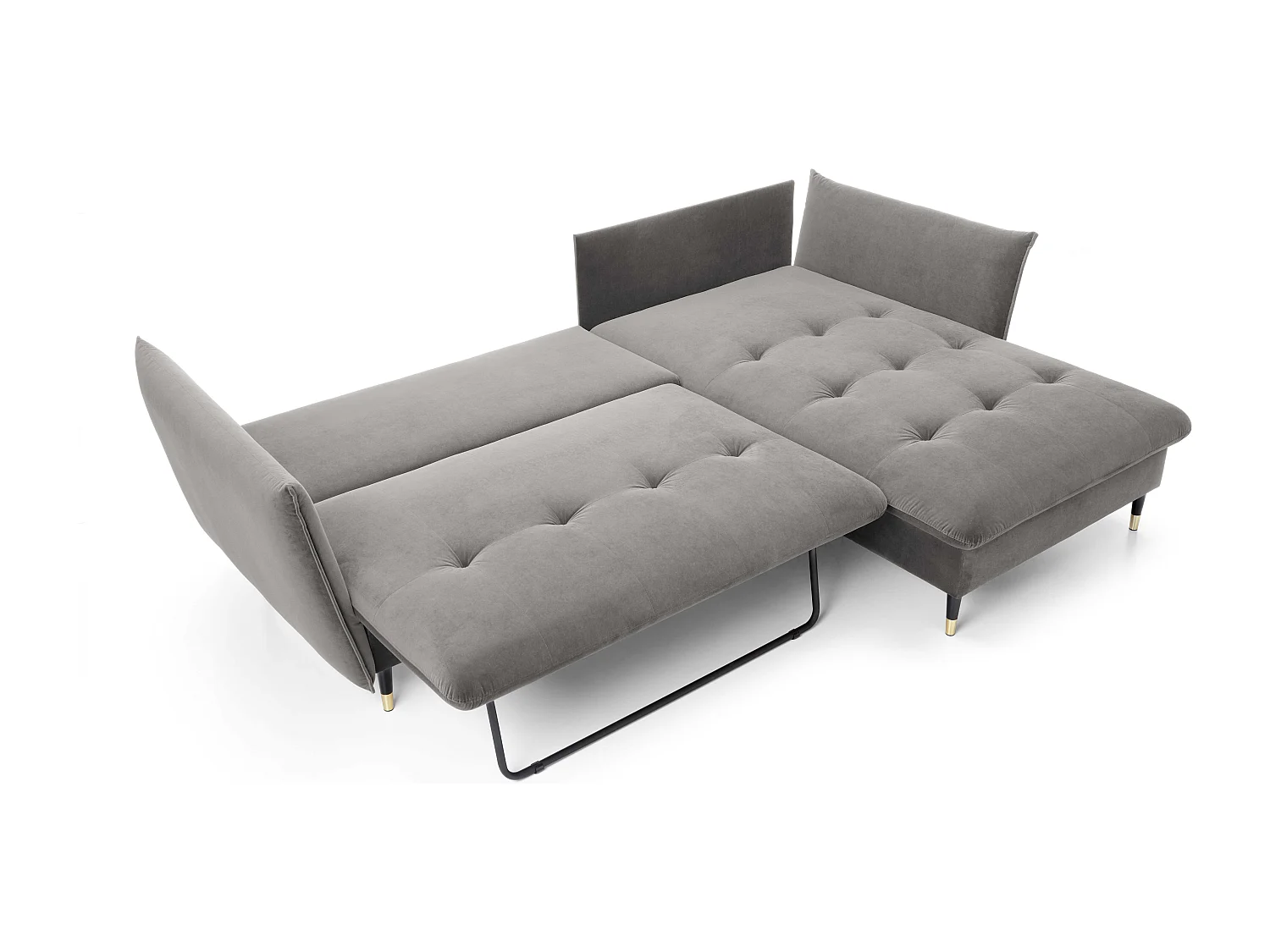 Hoekbank GLAM met slaapfunctie, ottomane & gouden poten – fluwelen bank in glamstijl met sierkussens, 258x167x91cm, Rechterkant GRIJS