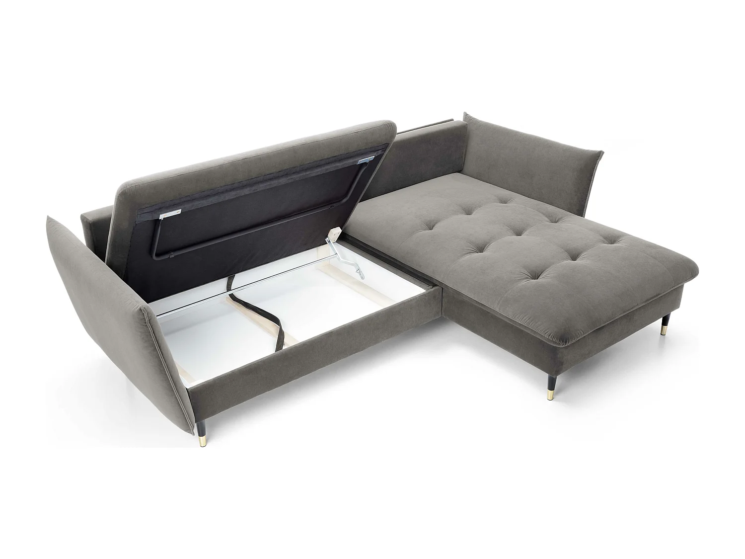 Hoekbank GLAM met slaapfunctie, ottomane & gouden poten – fluwelen bank in glamstijl met sierkussens, 258x167x91cm, Rechterkant GRIJS