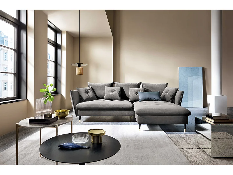 Hoekbank GLAM met slaapfunctie, ottomane & gouden poten – fluwelen bank in glamstijl met sierkussens, 258x167x91cm, Rechterkant GRIJS