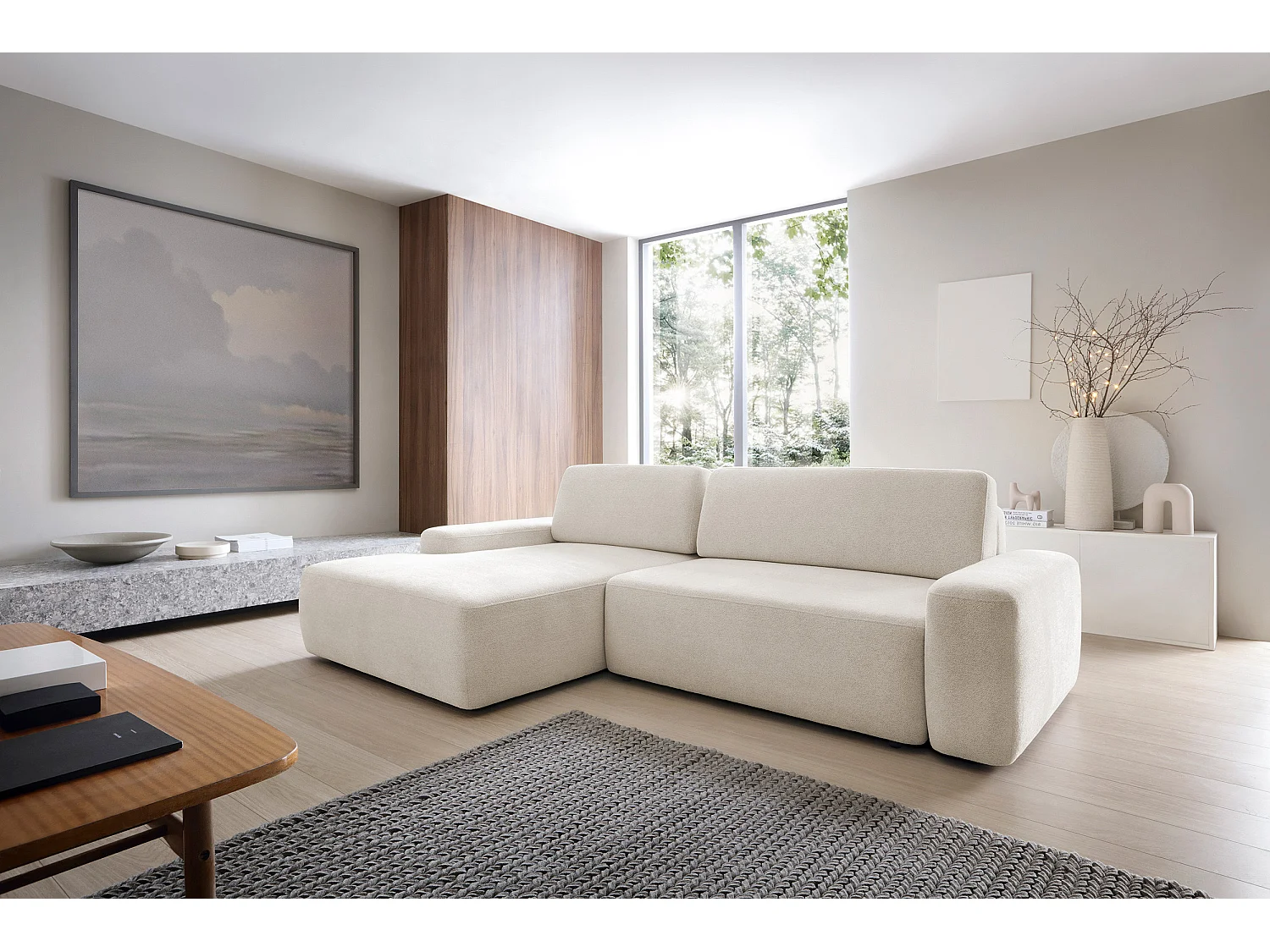 Canapé d’angle BOULI 4 places Raven, couchage 130x210cm, coffre, 264x162x82cm, gauche sable