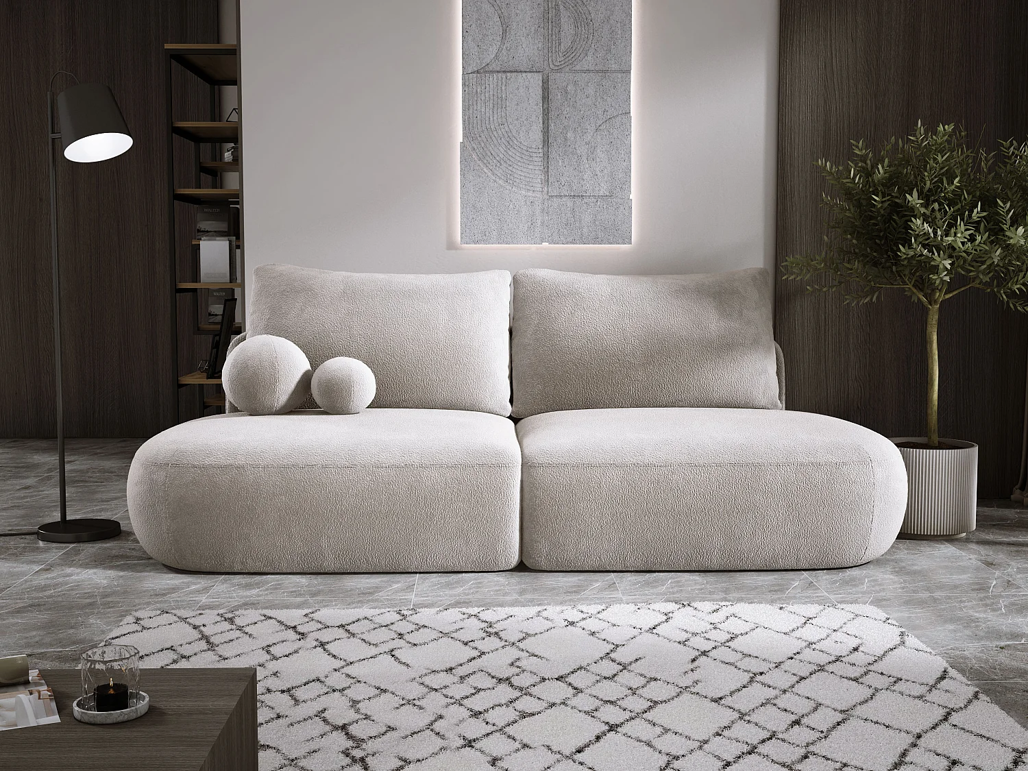 Canapé-lit moderne BABU avec coffre, fonction sommeil, DL-Automat, 2 coussins dossier, 2 coussins déco, 240x90x90 cm Gris clair