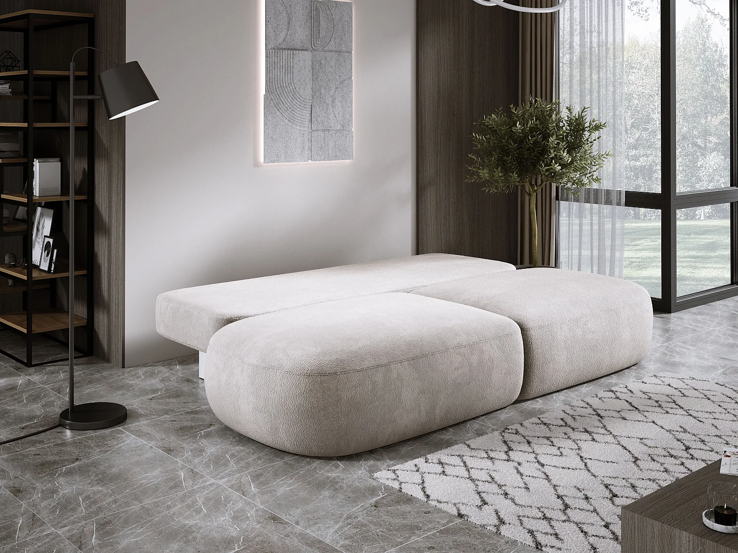 Canapé-lit moderne BABU avec coffre, fonction sommeil, DL-Automat, 2 coussins dossier, 2 coussins déco, 240x90x90 cm Gris clair