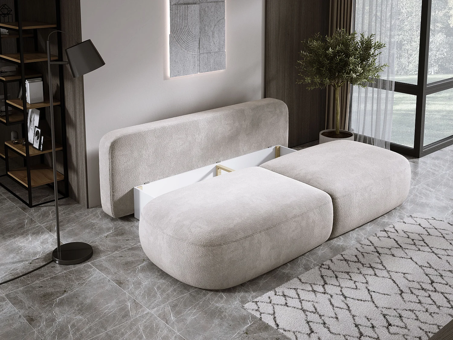 Canapé-lit moderne BABU avec coffre, fonction sommeil, DL-Automat, 2 coussins dossier, 2 coussins déco, 240x90x90 cm Gris clair