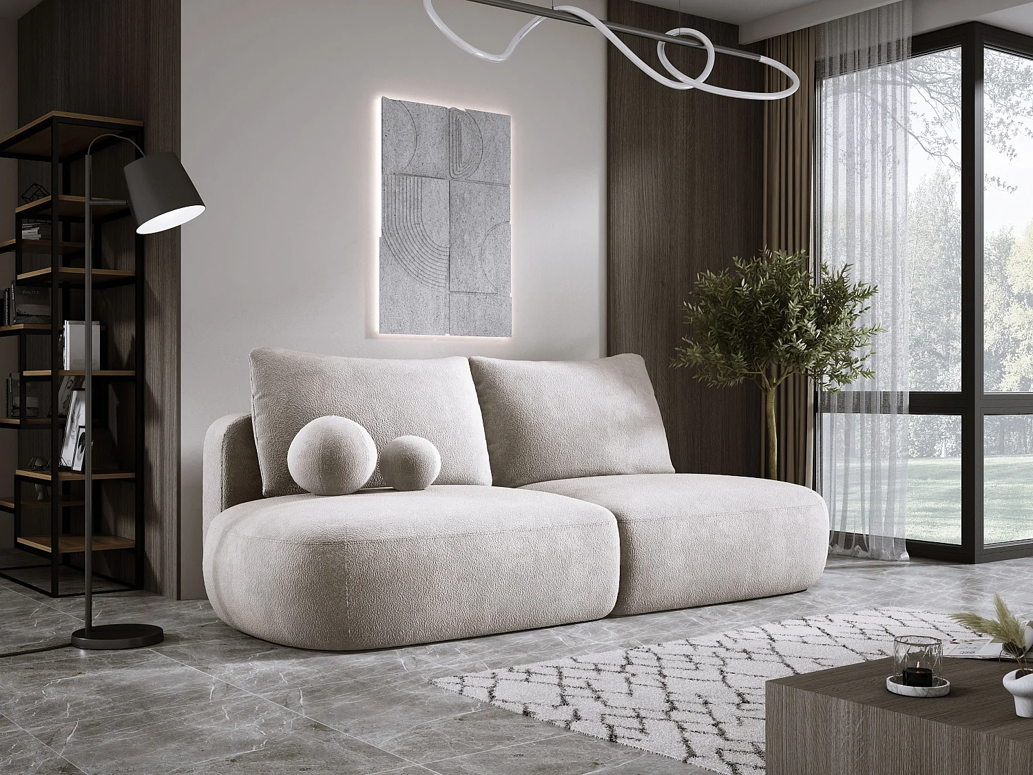 Canapé-lit moderne BABU avec coffre, fonction sommeil, DL-Automat, 2 coussins dossier, 2 coussins déco, 240x90x90 cm Gris clair