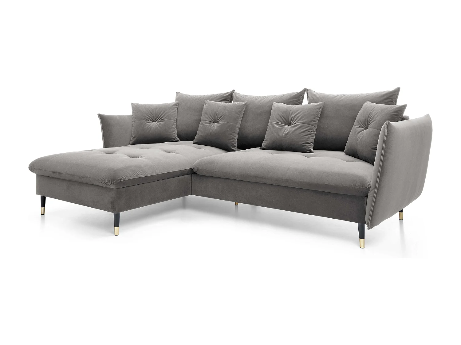 Canapé d'angle GLAM convertible, ottomane & pieds dorés – canapé en velours style glamour avec coussins déco, 258x167x91 cm, côté gauche GRIS