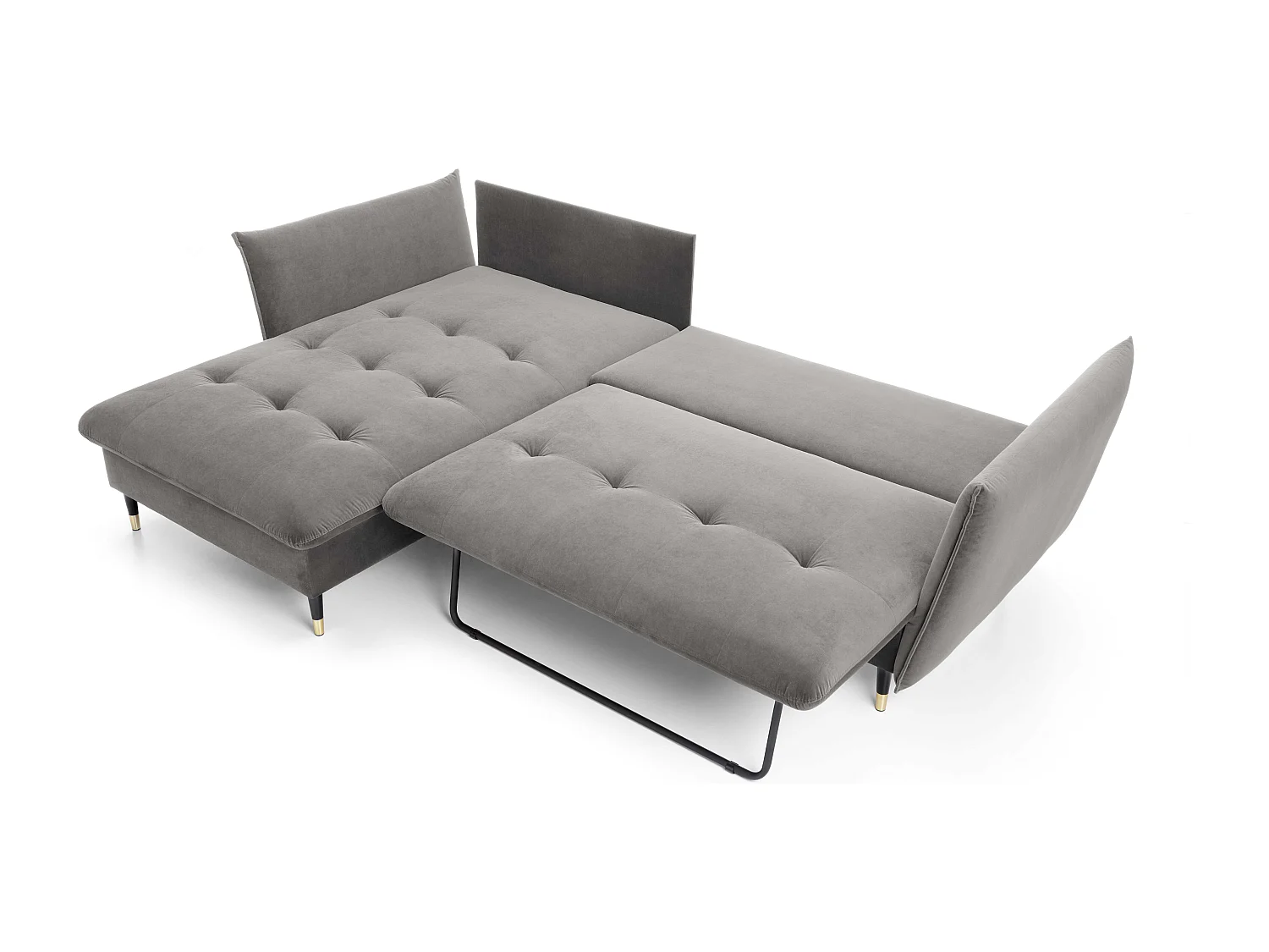 Canapé d'angle GLAM convertible, ottomane & pieds dorés – canapé en velours style glamour avec coussins déco, 258x167x91 cm, côté gauche GRIS