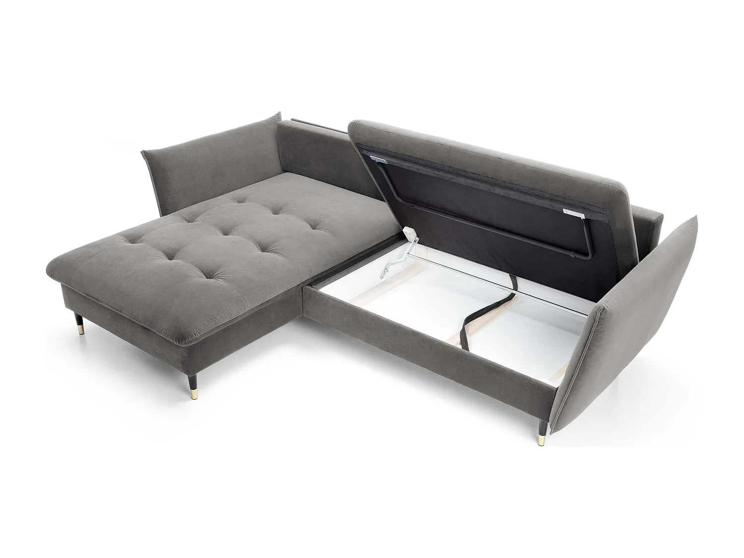 Canapé d'angle GLAM convertible, ottomane & pieds dorés – canapé en velours style glamour avec coussins déco, 258x167x91 cm, côté gauche GRIS