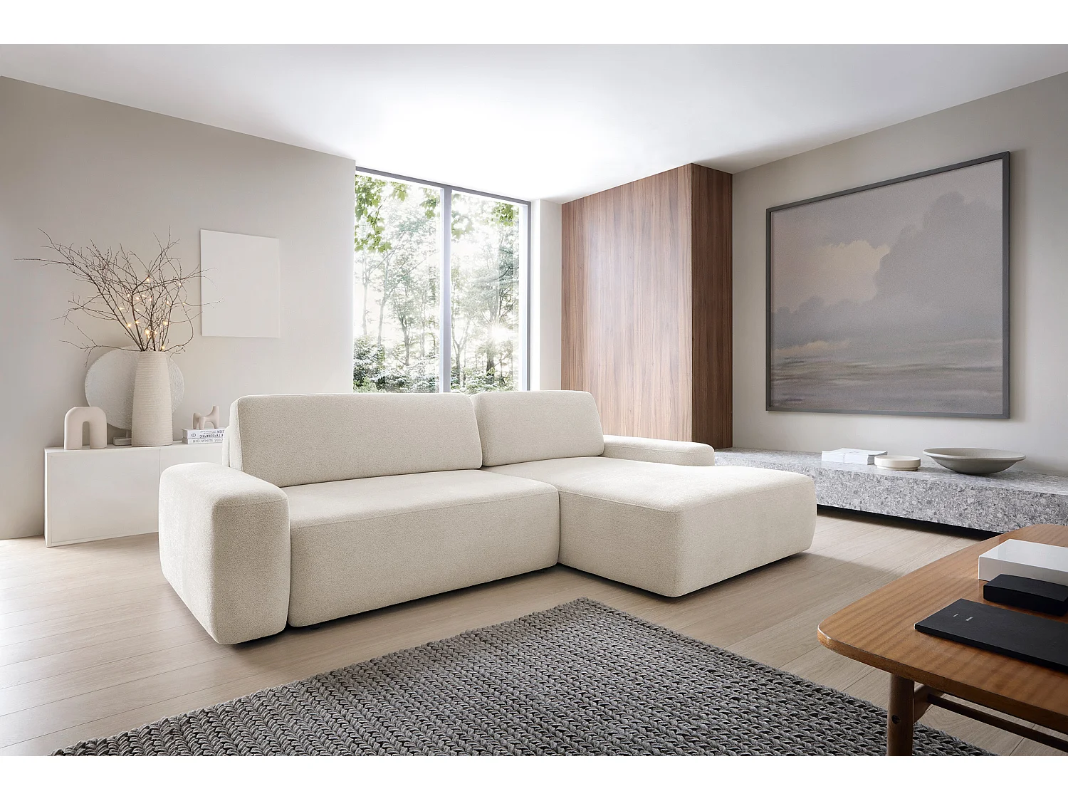 Canapé d’angle BOULI 4 places Raven, couchage 130x210cm, coffre, 264x162x82cm, droite sable