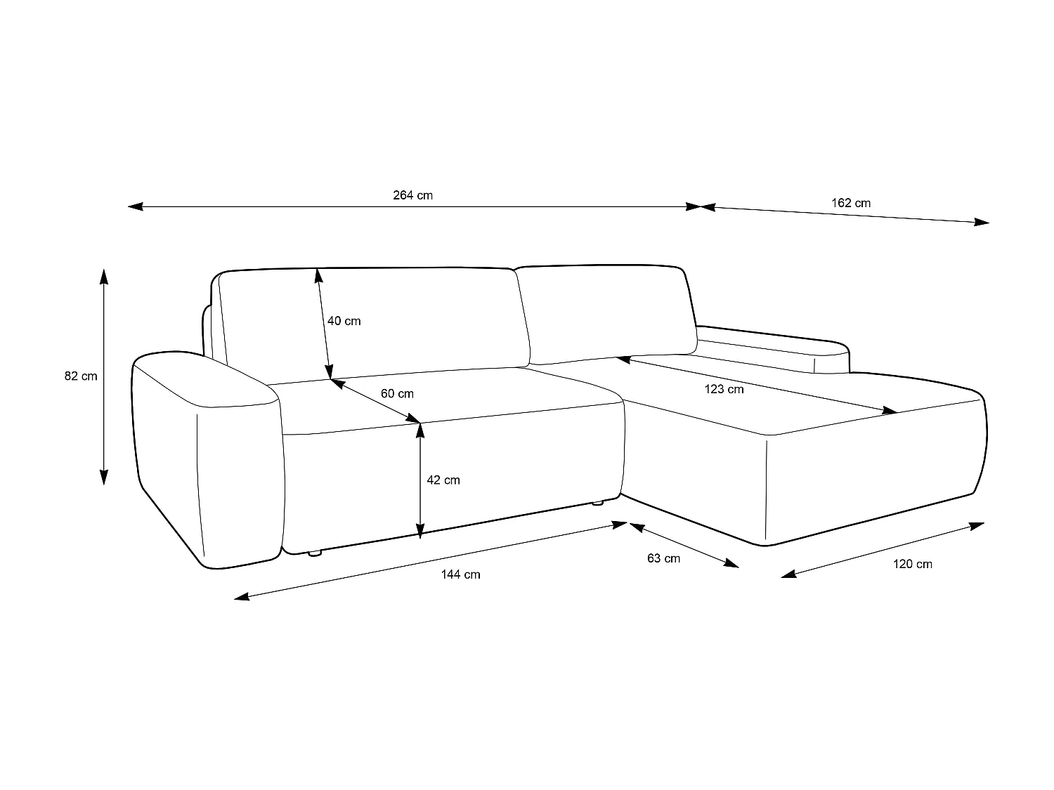Canapé d’angle BOULI 4 places Raven, couchage 130x210cm, coffre, 264x162x82cm, droite sable