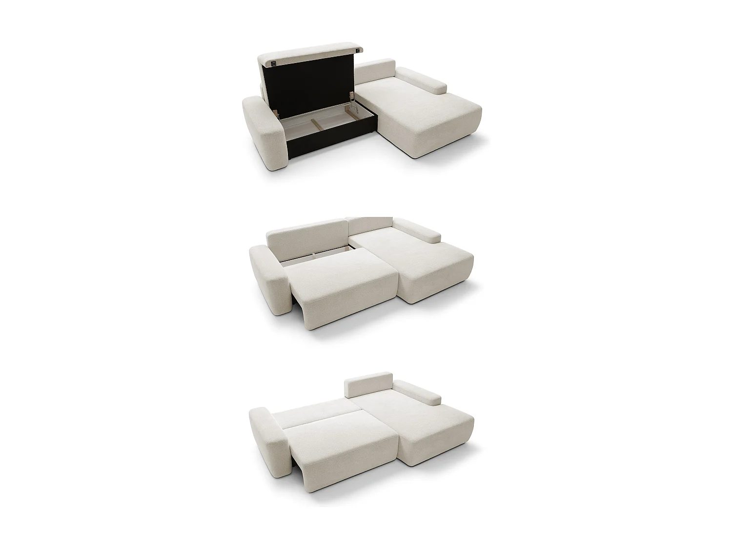 Canapé d’angle BOULI 4 places Raven, couchage 130x210cm, coffre, 264x162x82cm, droite sable