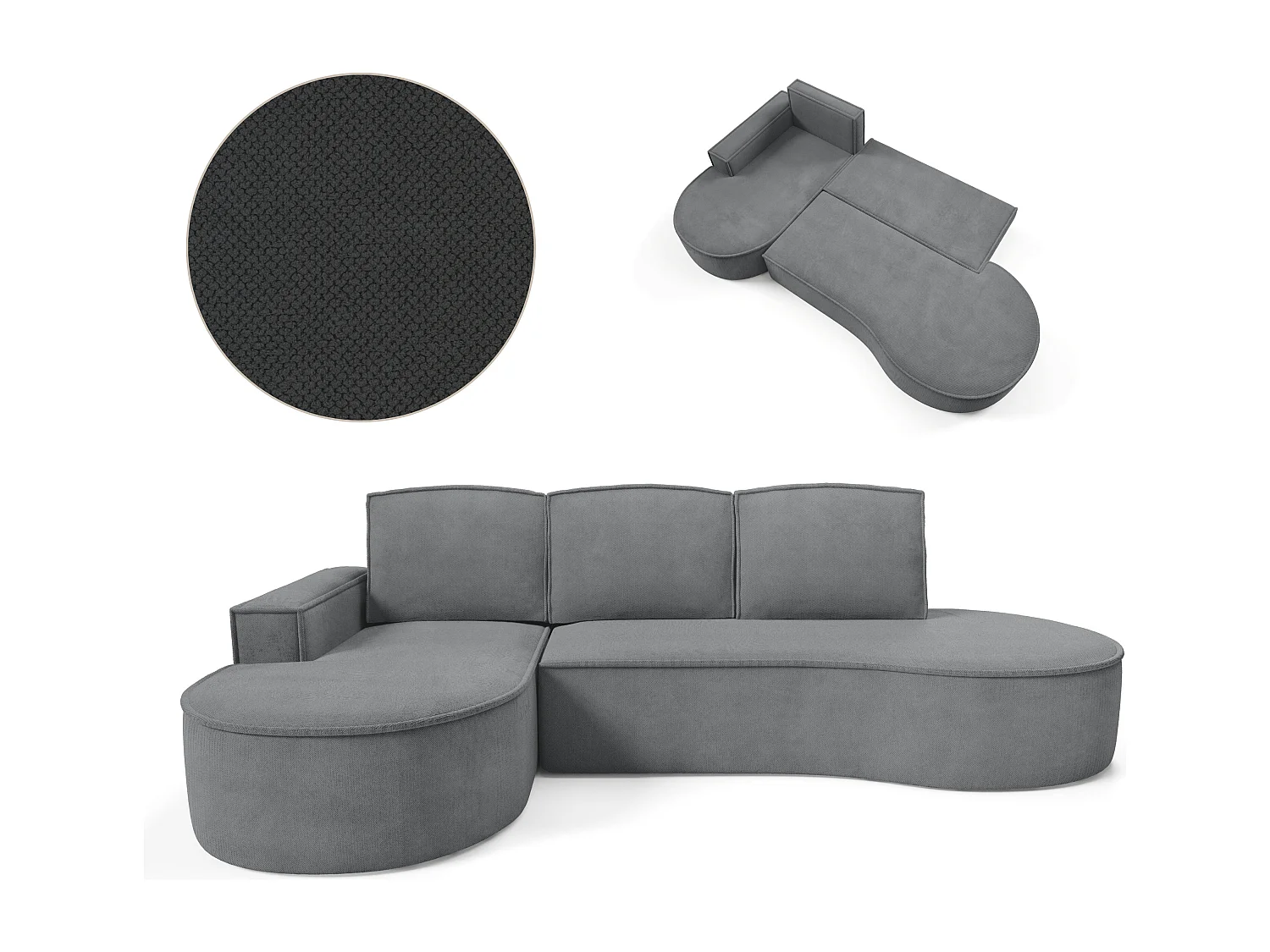 Canapé d'angle MOLLY avec couchage - Design arrondi, autoportant, 140x207 cm, 3 coussins, tissu Abriamo, 277x157x88 cm, côté gauche gris