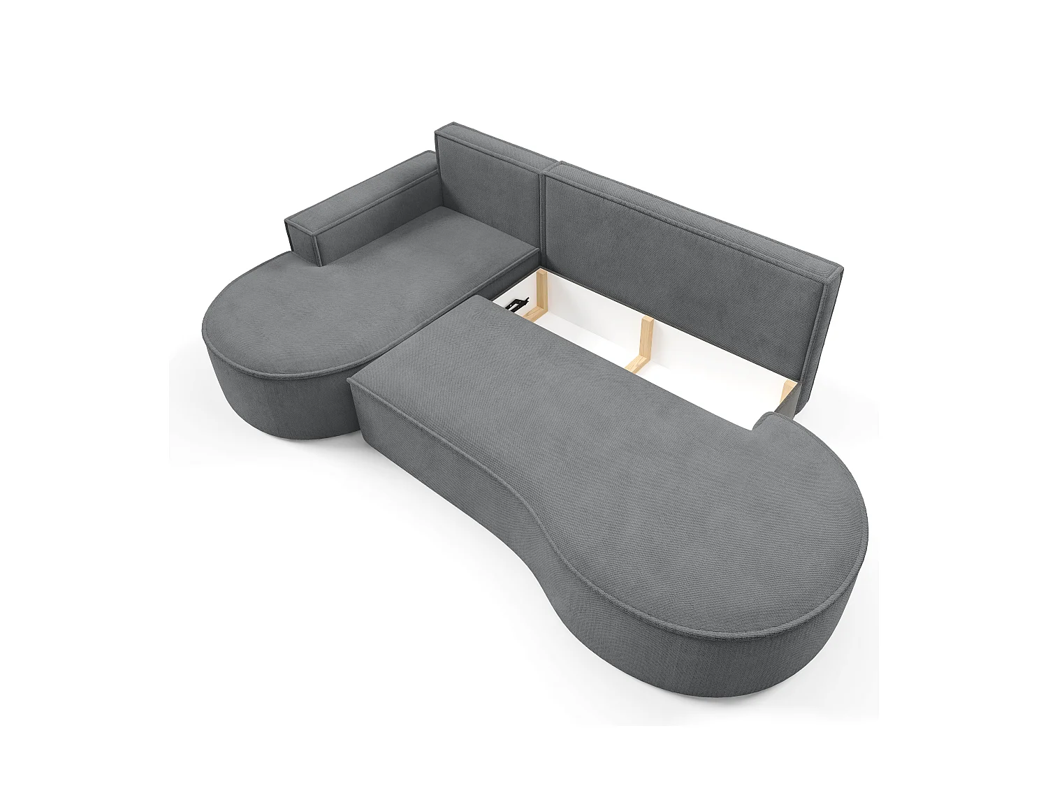 Canapé d'angle MOLLY avec couchage - Design arrondi, autoportant, 140x207 cm, 3 coussins, tissu Abriamo, 277x157x88 cm, côté gauche gris