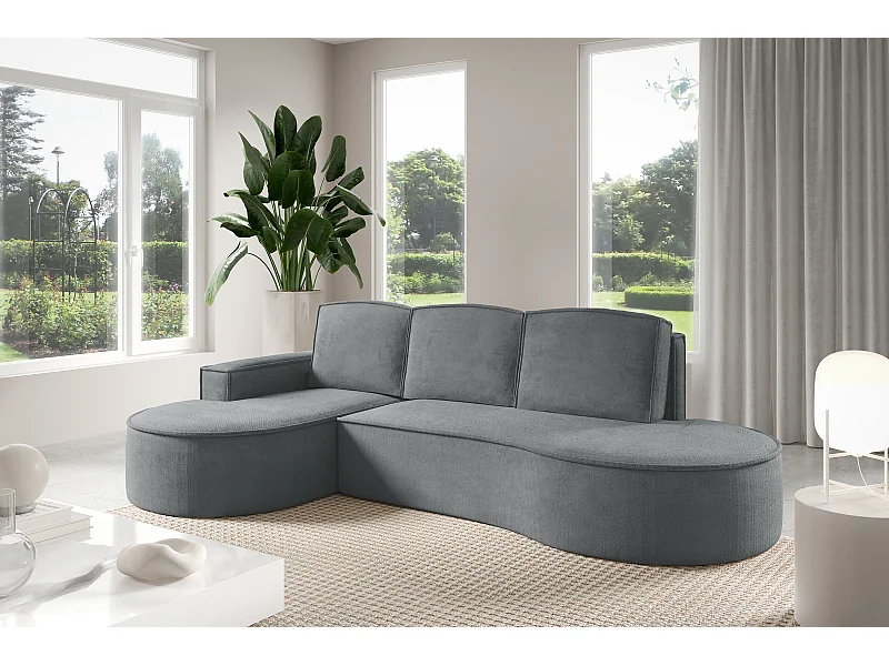 Hoekbank MOLLY met Slaapfunctie – Halfrond, Vrijstaand, Slaapoppervlak 140x207cm, 3 Grote Kussens, Abriamo Stof, 277x157x88cm, Links Grijs