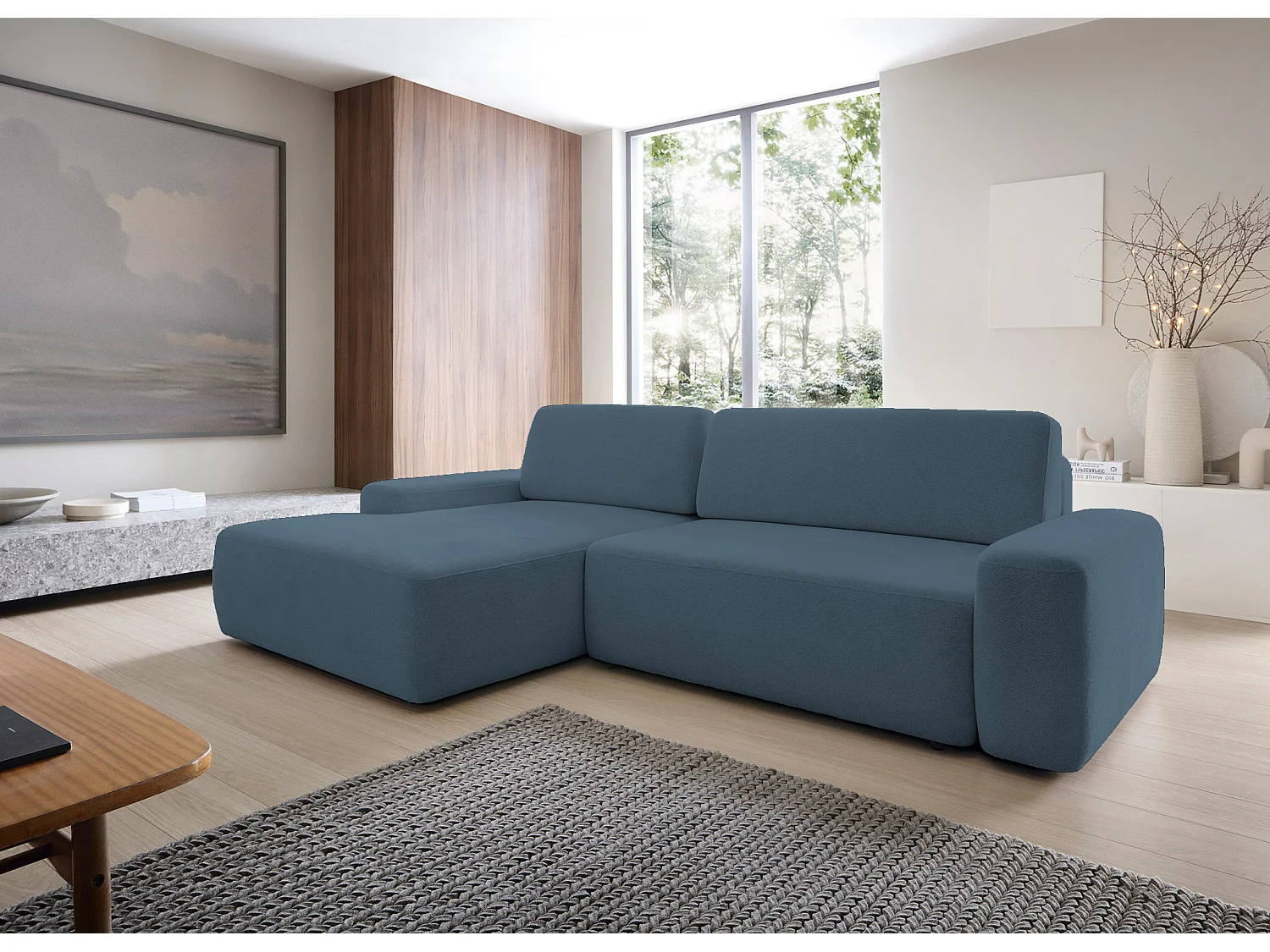 Canapé d’angle BOULI 4 places Raven, couchage 130x210cm, coffre, 264x162x82cm, gauche vert lagon