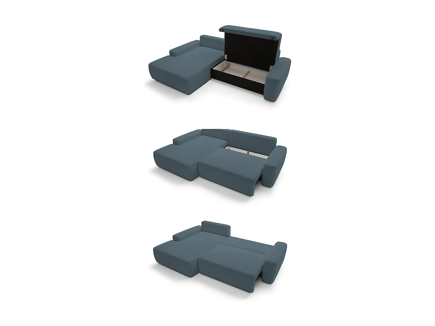 Canapé d’angle BOULI 4 places Raven, couchage 130x210cm, coffre, 264x162x82cm, gauche vert lagon