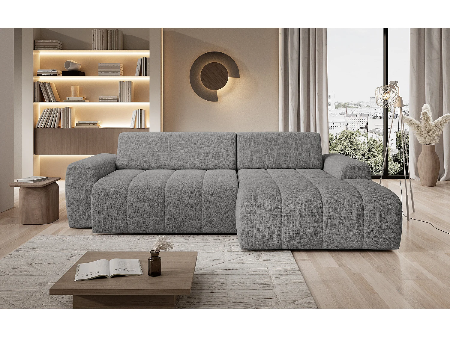 Hoekbank Savio Vrijstaand, Slijtvast Kansas-stof, Afm. 265x172x81cm, Uitschuifbaar Zitvlak 206x92cm, Rechterkant, Lichtgrijs