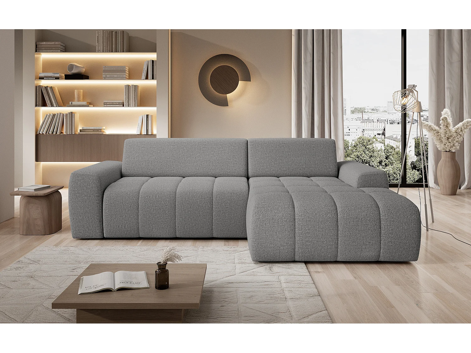 Hoekbank Savio Vrijstaand, Slijtvast Kansas-stof, Afm. 265x172x81cm, Uitschuifbaar Zitvlak 206x92cm, Rechterkant, Lichtgrijs