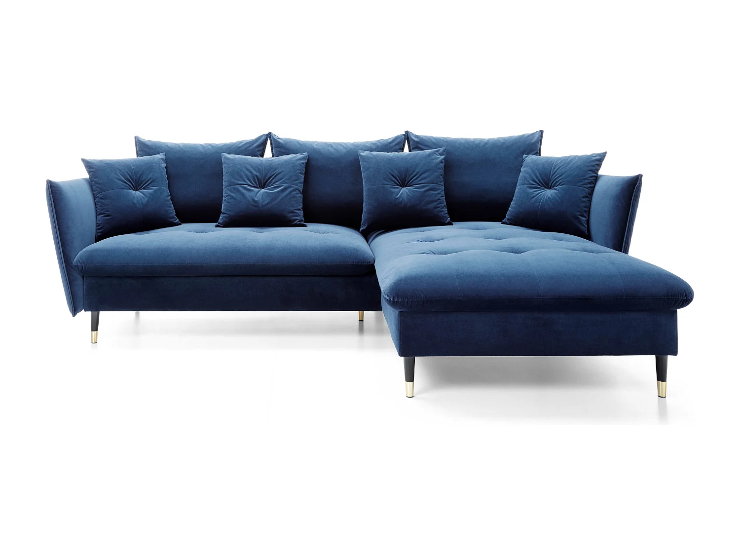 Canapé d'angle GLAM convertible, ottomane & pieds dorés – canapé en velours style glamour avec coussins déco, 258x167x91 cm, côté droit BLEU