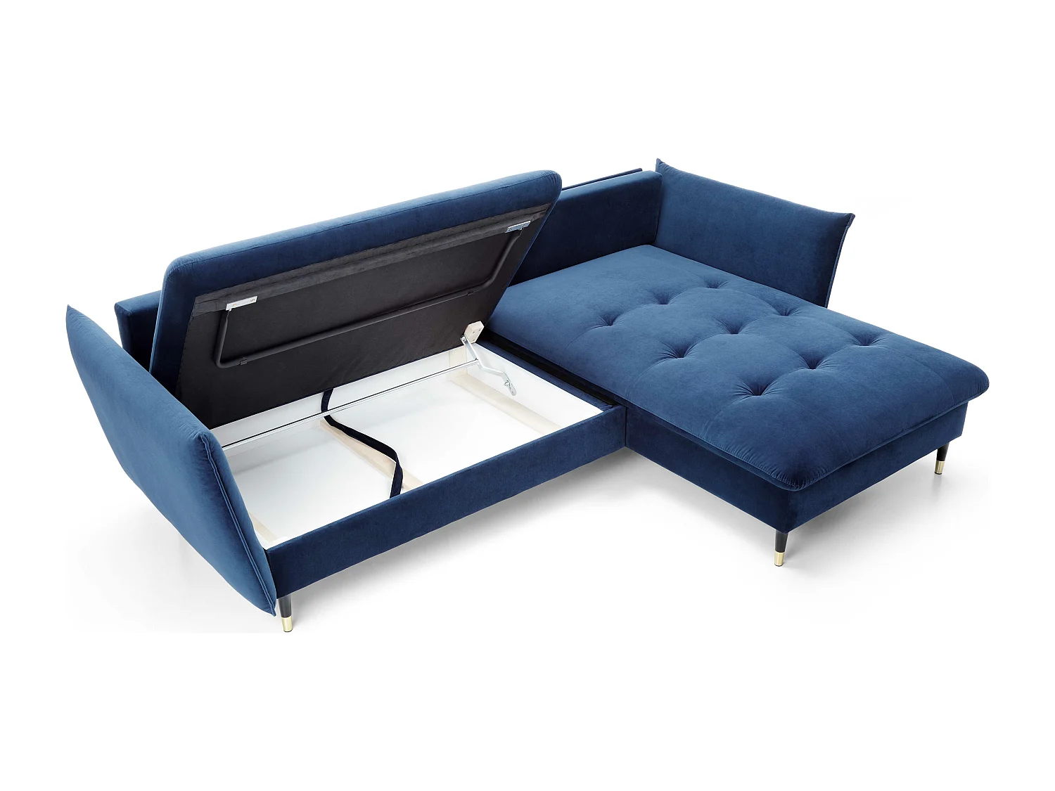 Canapé d'angle GLAM convertible, ottomane & pieds dorés – canapé en velours style glamour avec coussins déco, 258x167x91 cm, côté droit BLEU