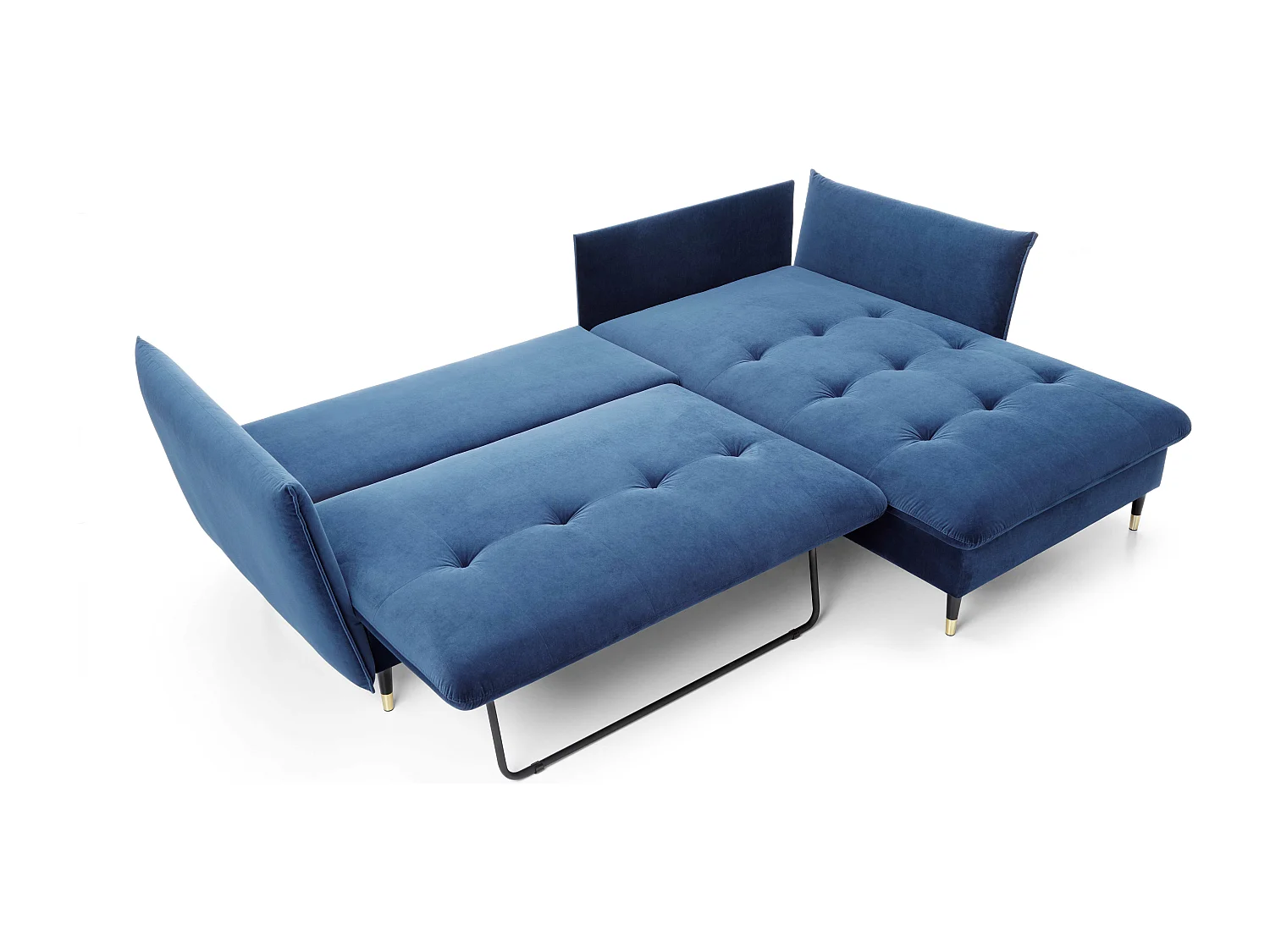 Canapé d'angle GLAM convertible, ottomane & pieds dorés – canapé en velours style glamour avec coussins déco, 258x167x91 cm, côté droit BLEU