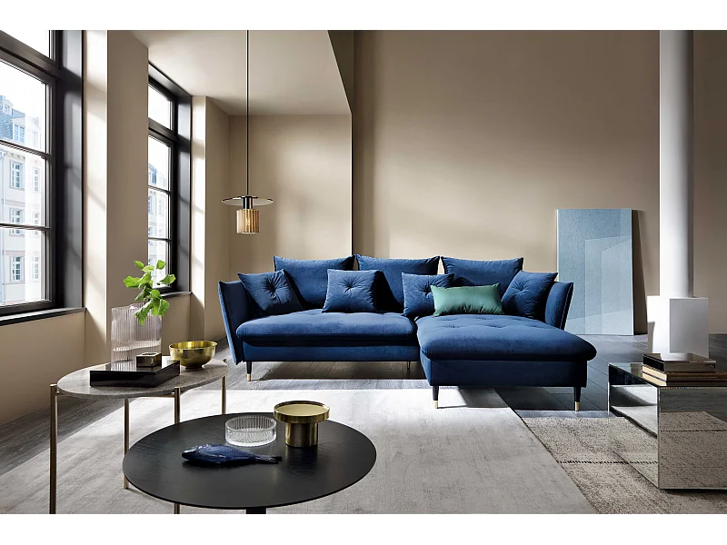 Hoekbank GLAM met slaapfunctie, ottomane & gouden poten – fluwelen bank in glamstijl met sierkussens, 258x167x91cm, Rechterkant BLAUW