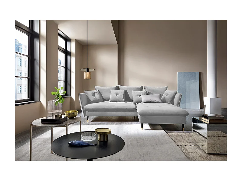 Narożnik GLAM z funkcją spania, otomana, złote nogi, welur, styl glamour, poduszki, 258x167x91cm, prawa strona jasnoszary