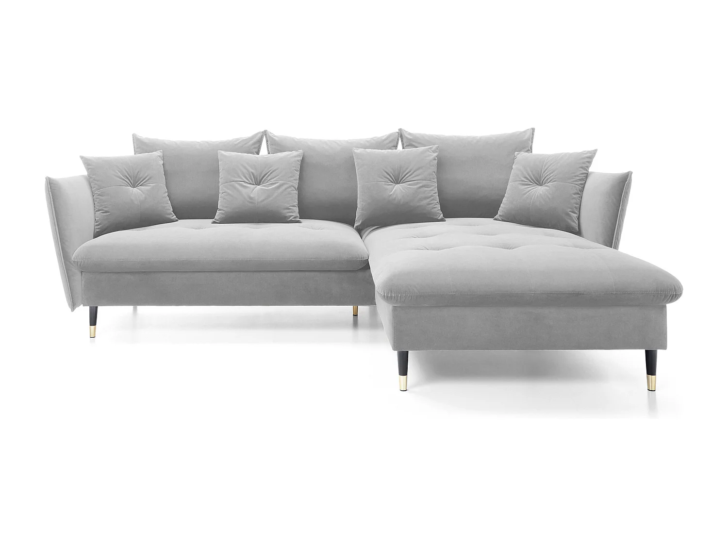Ecksofa GLAM mit Schlaffunktion, Ottomane & goldenen Füßen – Samtsofa im Glamour-Stil mit Zierkissen, 258x167x91cm, Rechte Seite HELL GRAU
