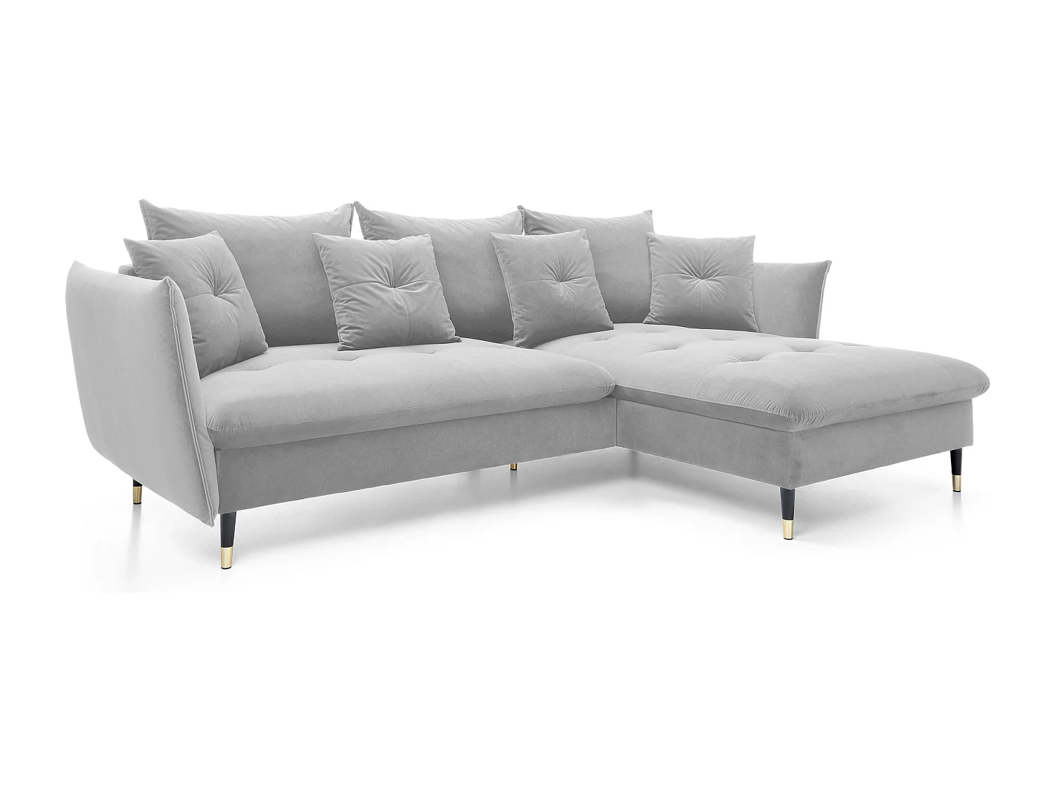 Ecksofa GLAM mit Schlaffunktion, Ottomane & goldenen Füßen – Samtsofa im Glamour-Stil mit Zierkissen, 258x167x91cm, Rechte Seite HELL GRAU