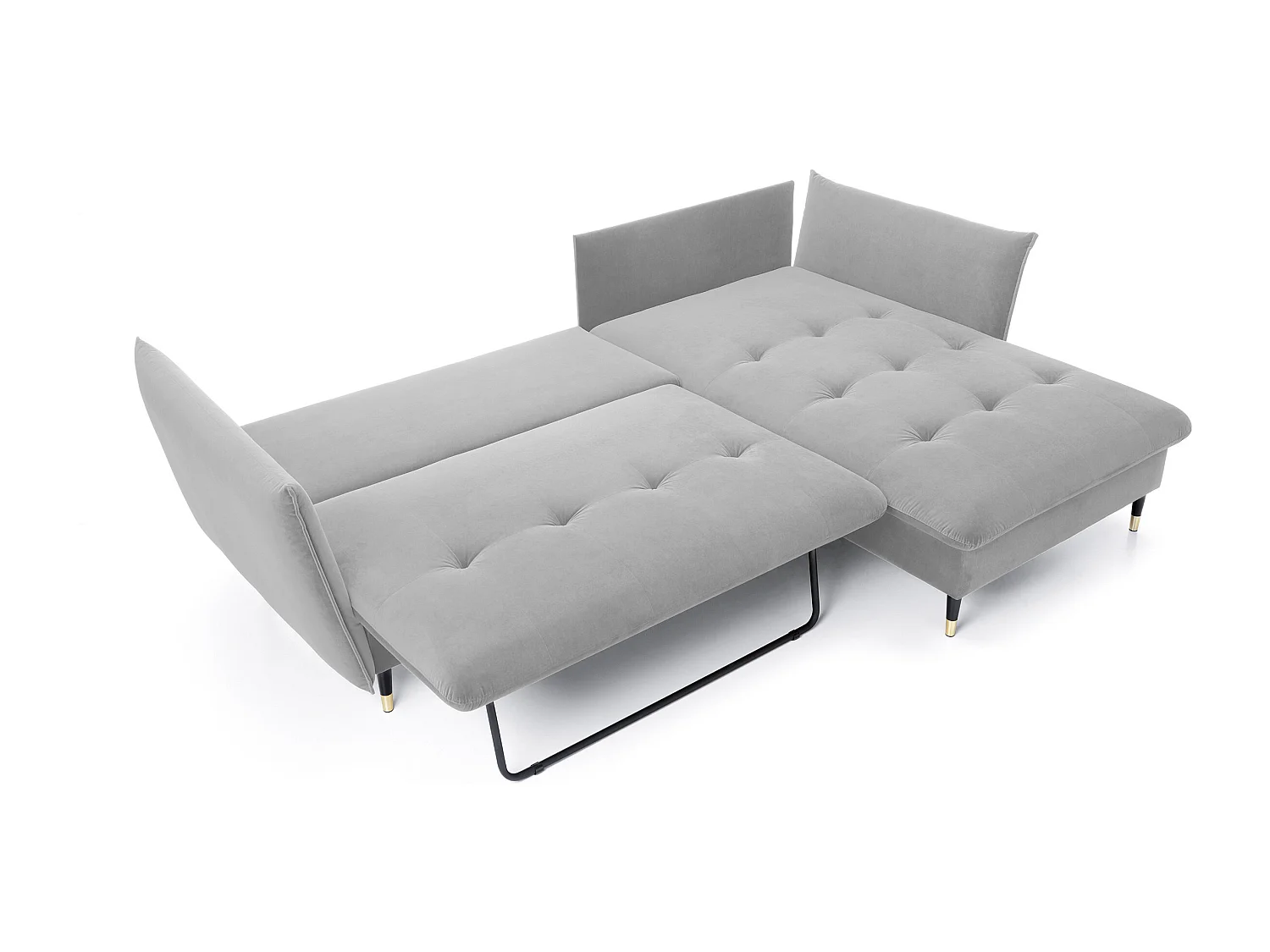 Ecksofa GLAM mit Schlaffunktion, Ottomane & goldenen Füßen – Samtsofa im Glamour-Stil mit Zierkissen, 258x167x91cm, Rechte Seite HELL GRAU