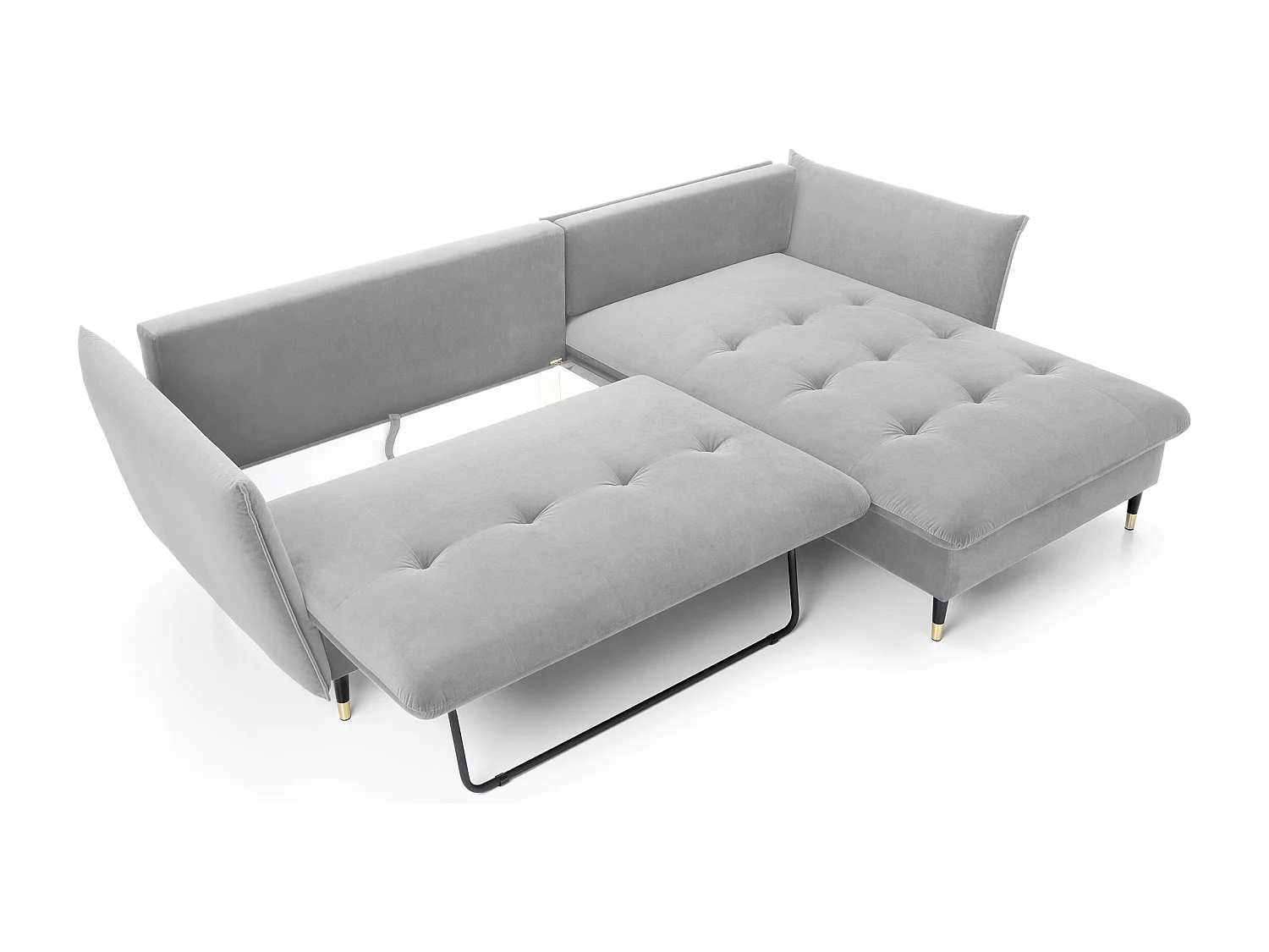 Ecksofa GLAM mit Schlaffunktion, Ottomane & goldenen Füßen – Samtsofa im Glamour-Stil mit Zierkissen, 258x167x91cm, Rechte Seite HELL GRAU
