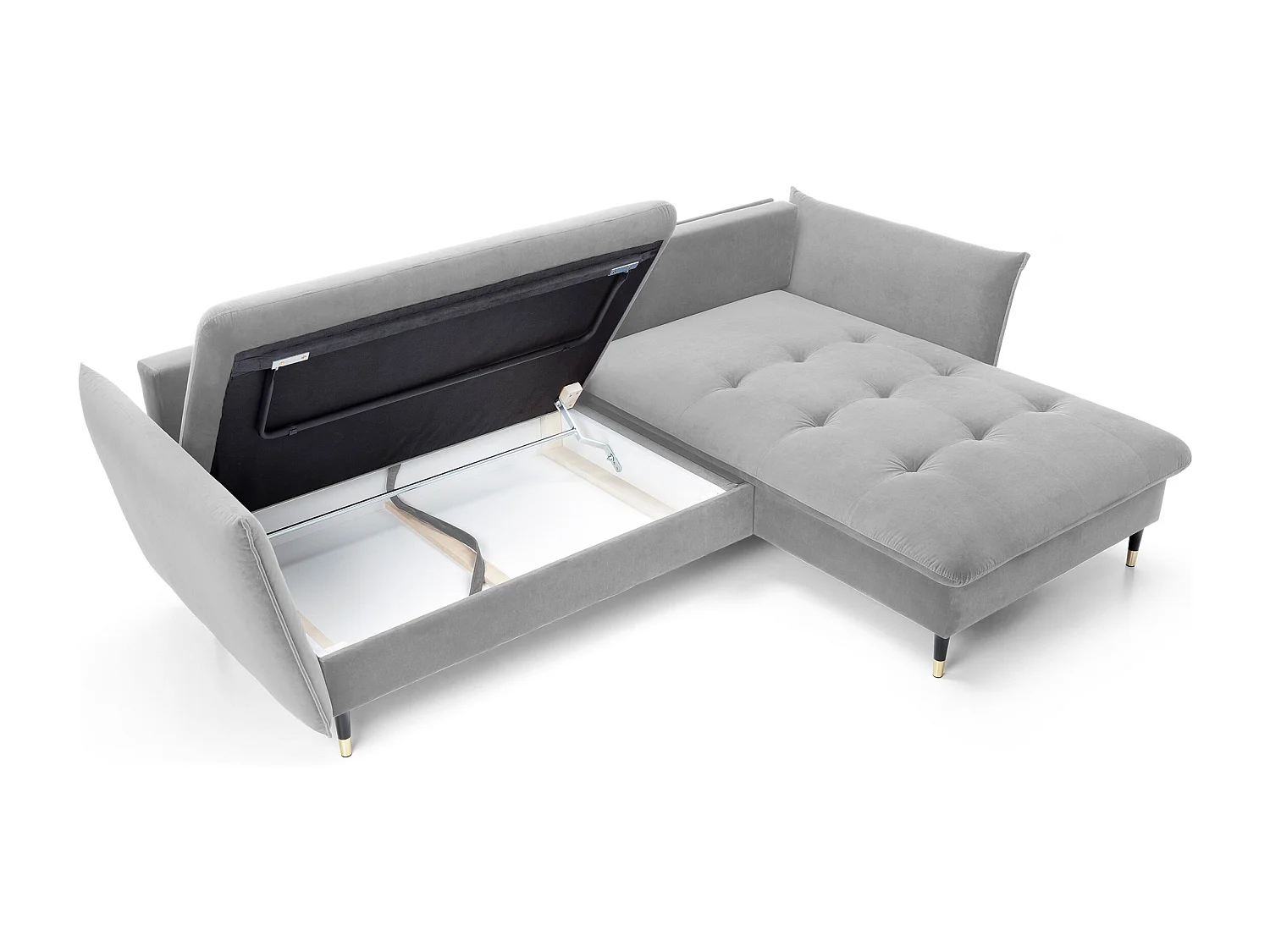 Canapé d'angle GLAM convertible, ottomane & pieds dorés – canapé en velours style glamour avec coussins déco, 258x167x91 cm, côté droit GRIS CLAIR