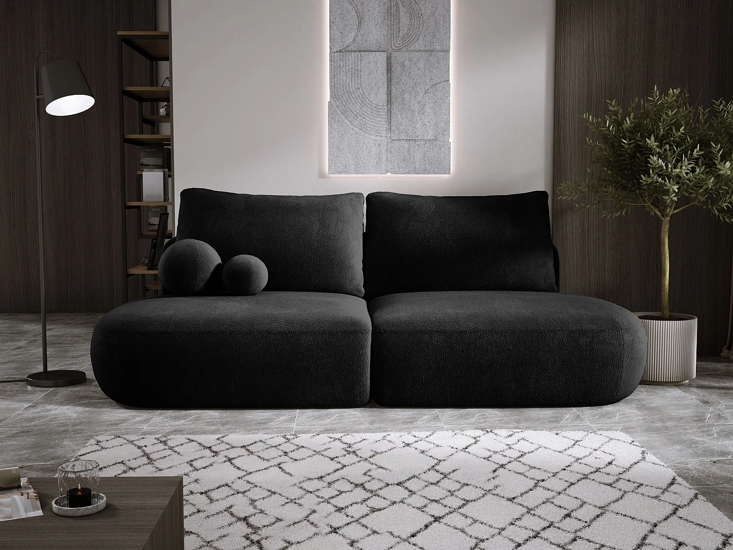 Canapé-lit moderne BABU avec coffre, fonction sommeil, DL-Automat, 2 coussins dossier, 2 coussins déco, 240x90x90 cm Noir