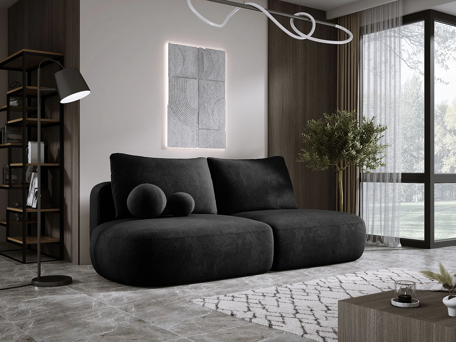 Canapé-lit moderne BABU avec coffre, fonction sommeil, DL-Automat, 2 coussins dossier, 2 coussins déco, 240x90x90 cm Noir