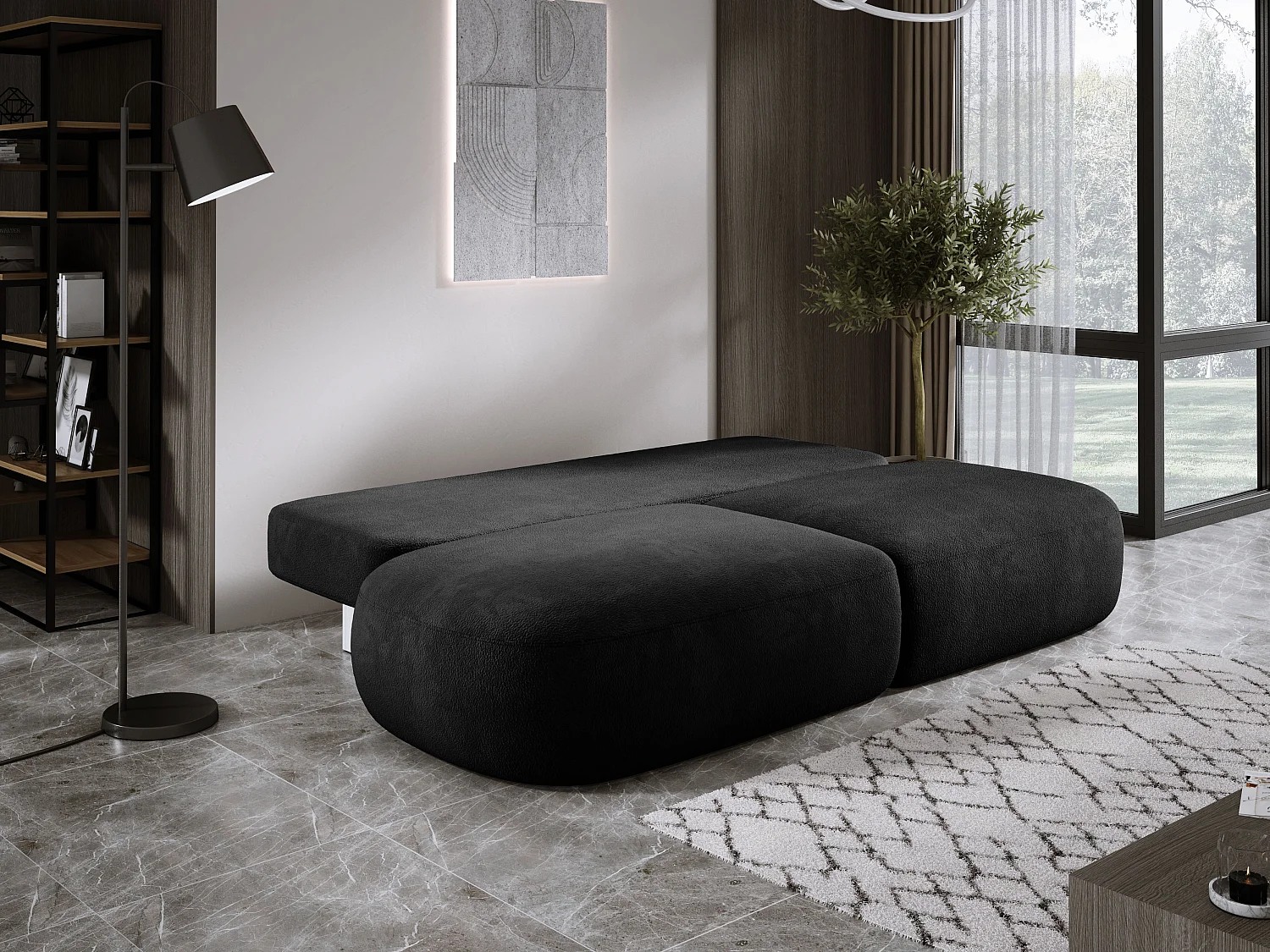 Canapé-lit moderne BABU avec coffre, fonction sommeil, DL-Automat, 2 coussins dossier, 2 coussins déco, 240x90x90 cm Noir
