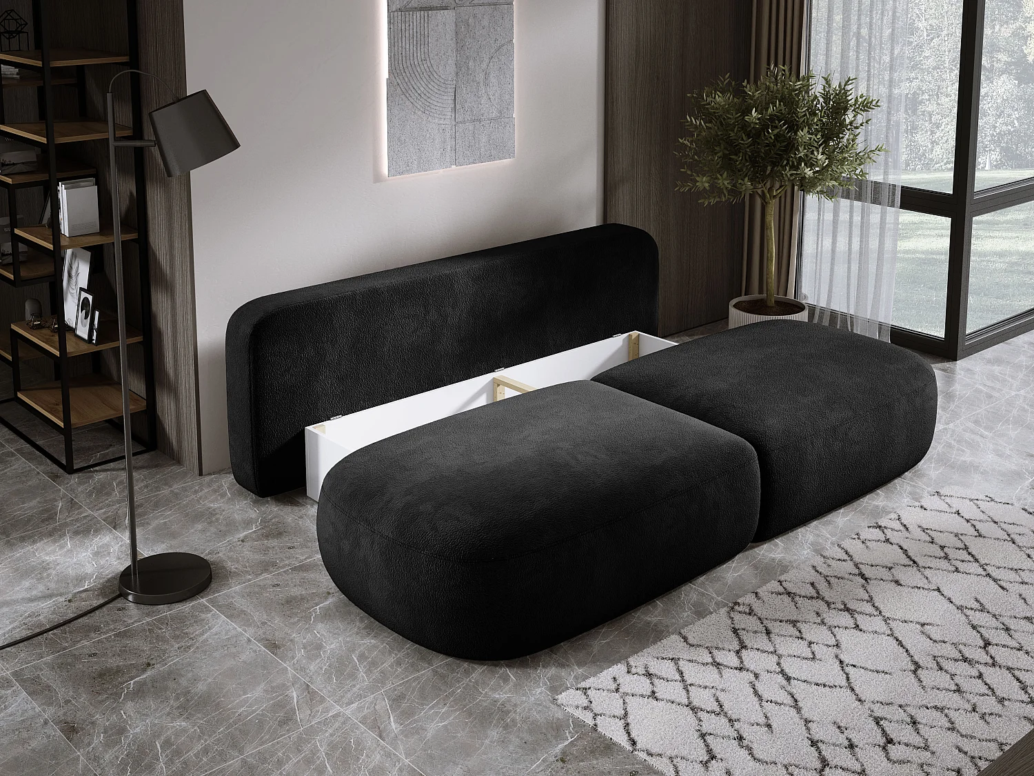 Canapé-lit moderne BABU avec coffre, fonction sommeil, DL-Automat, 2 coussins dossier, 2 coussins déco, 240x90x90 cm Noir